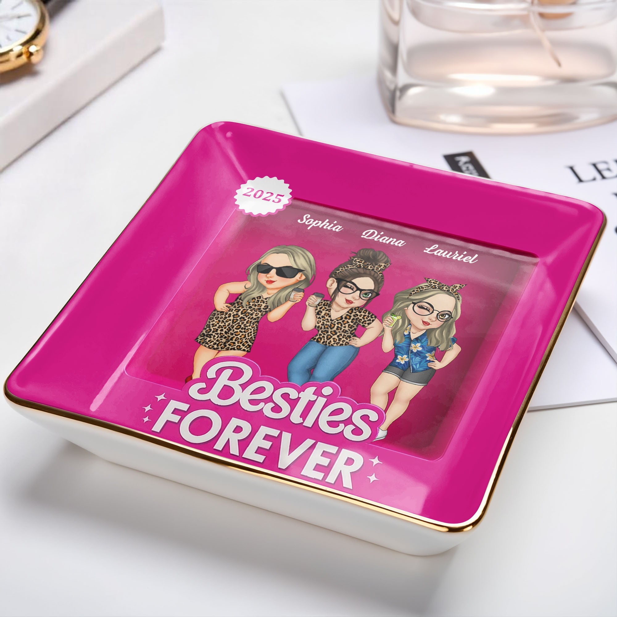 Besties Forever Female Friends Design - Personalized Custom Jewelry Dish, Ceramic Dish, Square Shape - BST227_SCRF