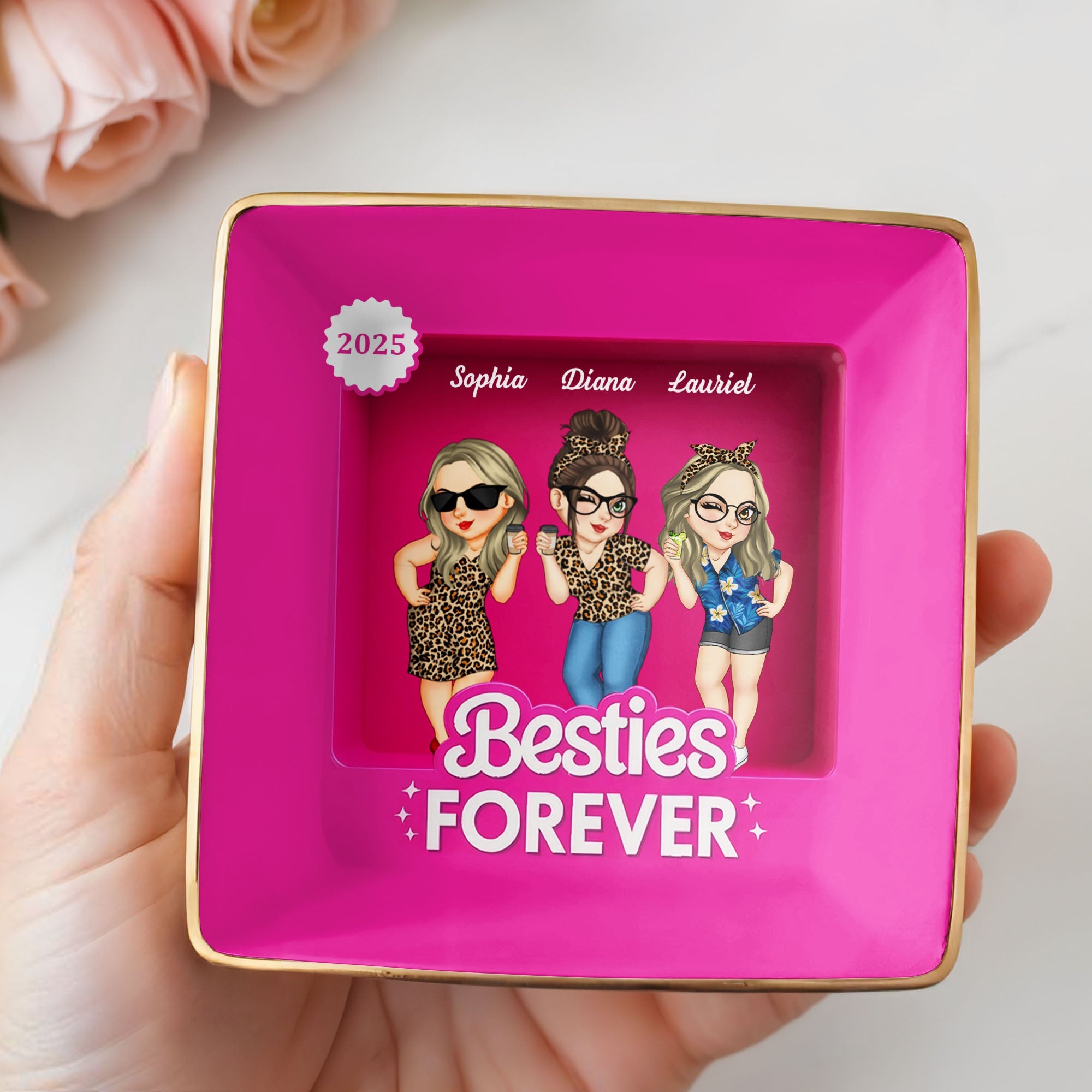 Besties Forever Female Friends Design - Personalized Custom Jewelry Dish, Ceramic Dish, Square Shape - BST227_SCRF