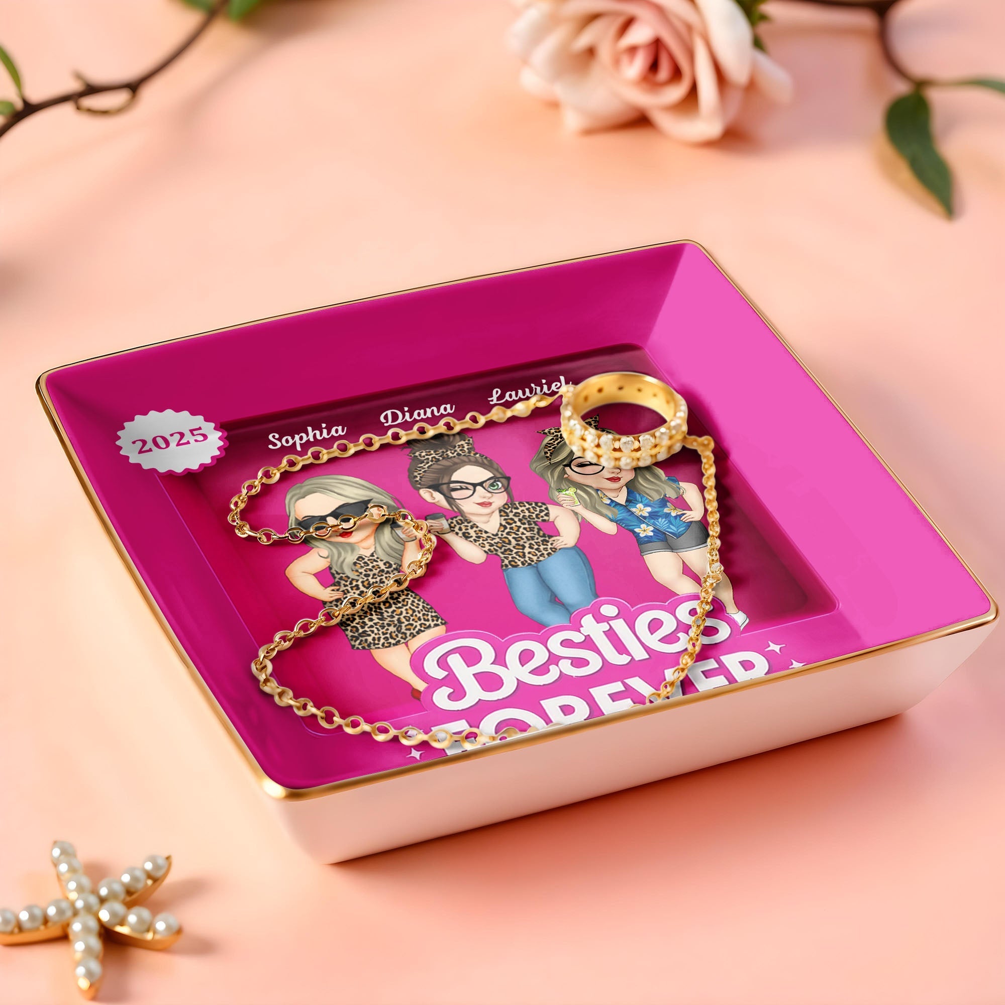 Besties Forever Female Friends Design - Personalized Custom Jewelry Dish, Ceramic Dish, Square Shape - BST227_SCRF