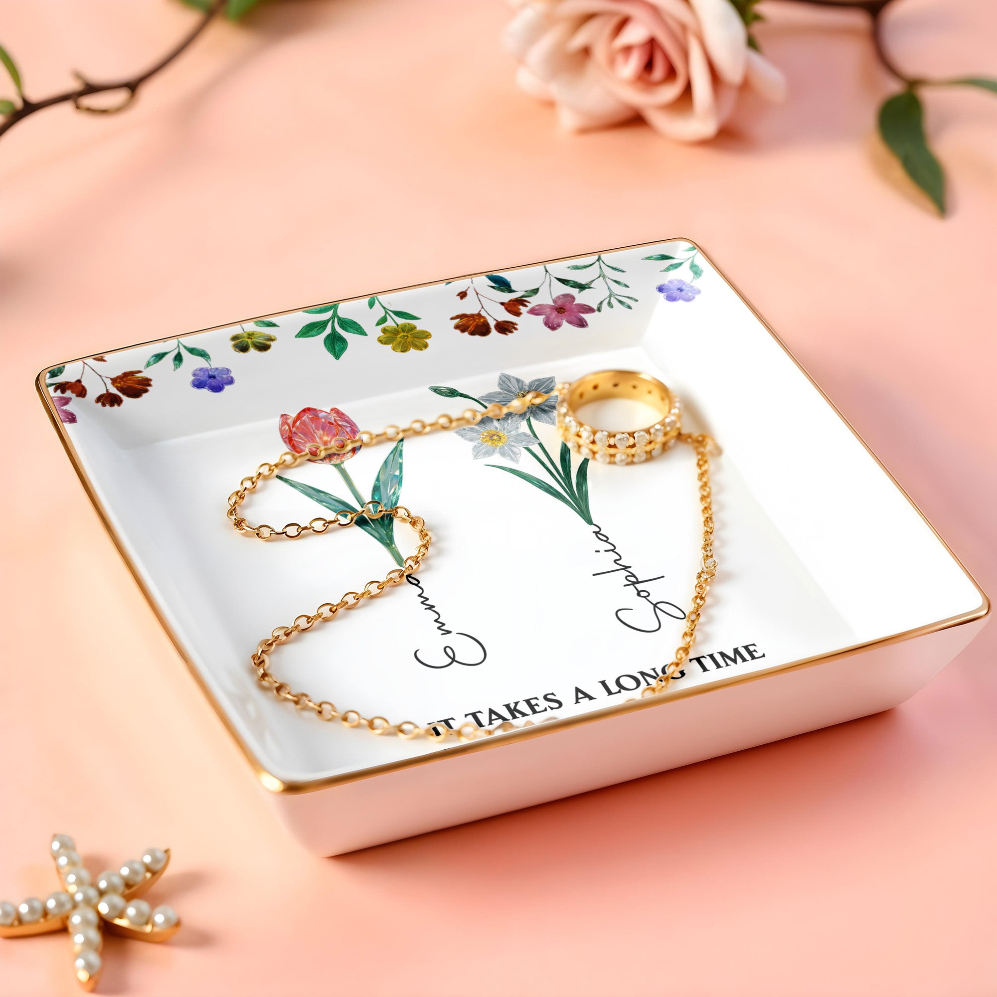 It Takes A Long Time To Grow An Old Friend, Floral Design - Personalized Custom Jewelry Dish, Ceramic Dish, Square Shape - BST237_SCRF