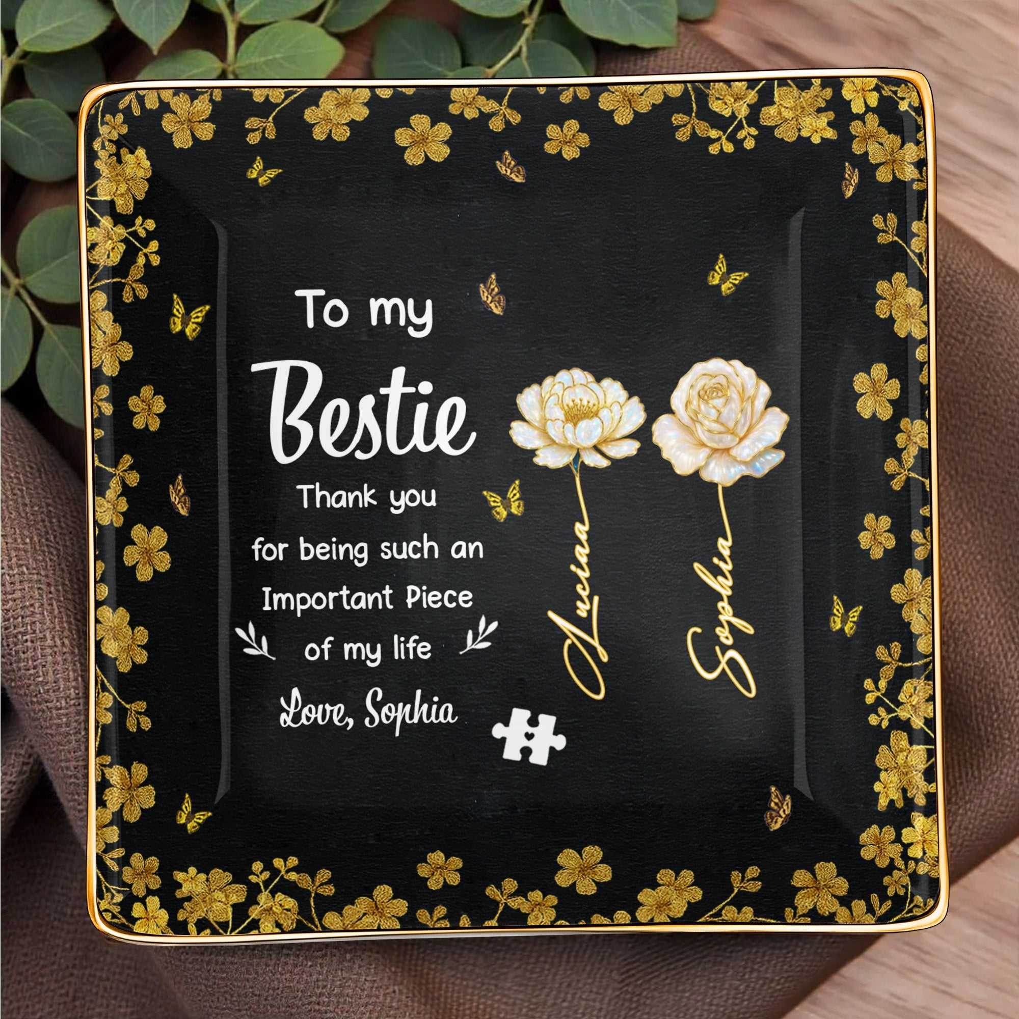 To My Bestie, Thank You With Flowers - Personalized Custom Jewelry Dish, Ceramic Dish, Square Shape - BST260_SCRF