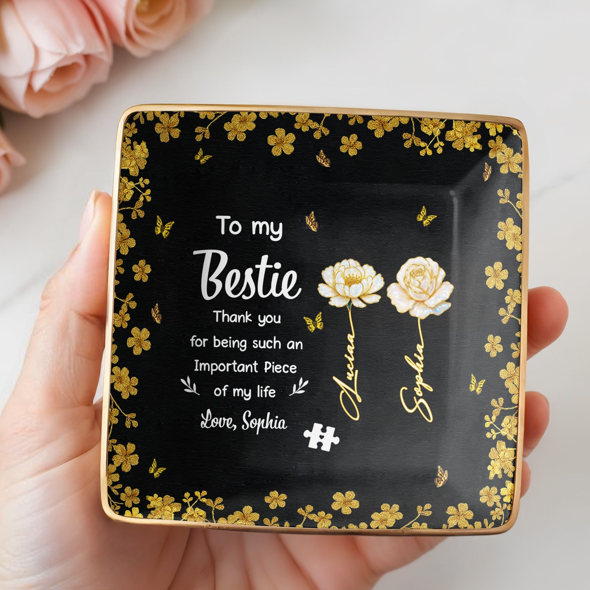 To My Bestie, Thank You With Flowers - Personalized Custom Jewelry Dish, Ceramic Dish, Square Shape - BST260_SCRF