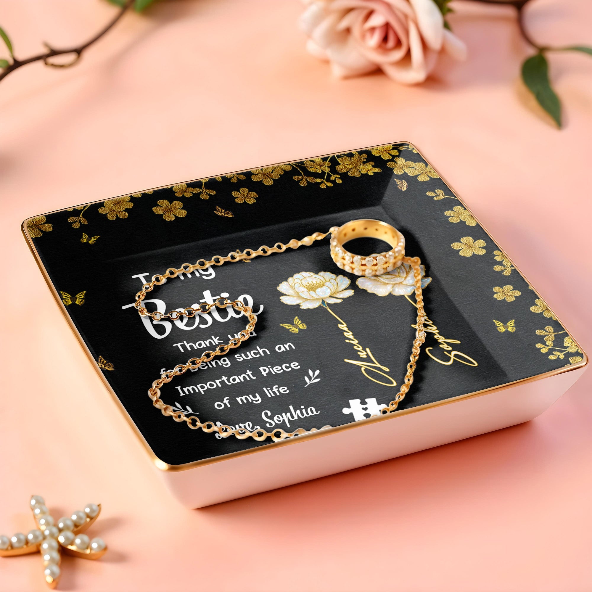 To My Bestie, Thank You With Flowers - Personalized Custom Jewelry Dish, Ceramic Dish, Square Shape - BST260_SCRF