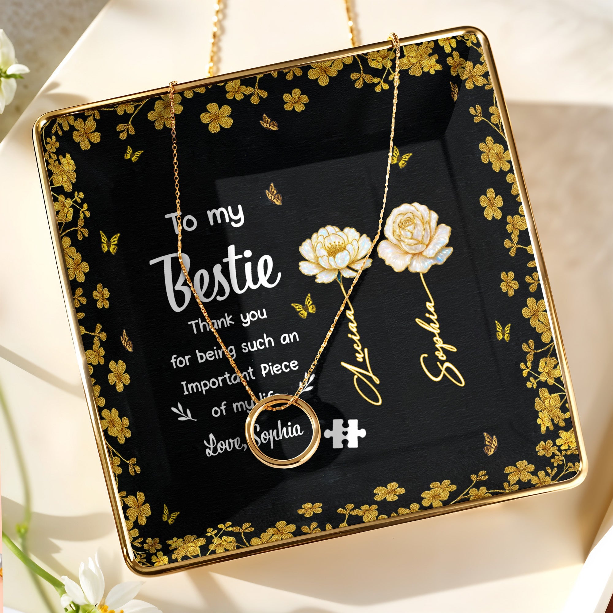 To My Bestie, Thank You With Flowers - Personalized Custom Jewelry Dish, Ceramic Dish, Square Shape - BST260_SCRF
