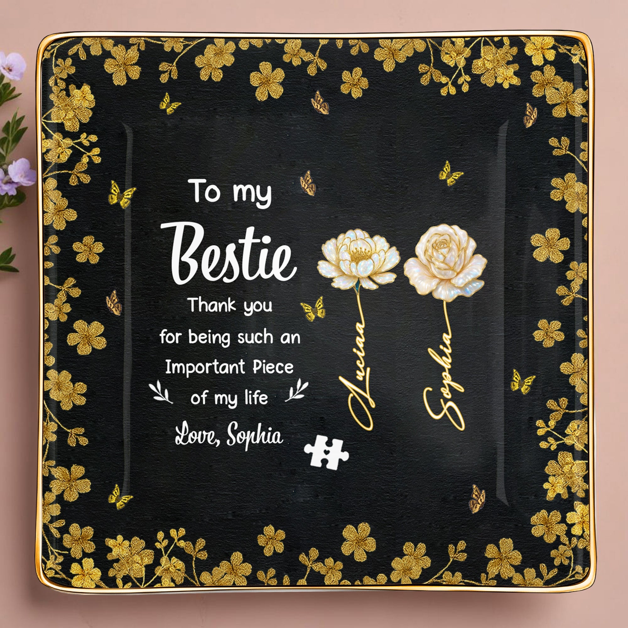 To My Bestie, Thank You With Flowers - Personalized Custom Jewelry Dish, Ceramic Dish, Square Shape - BST260_SCRF