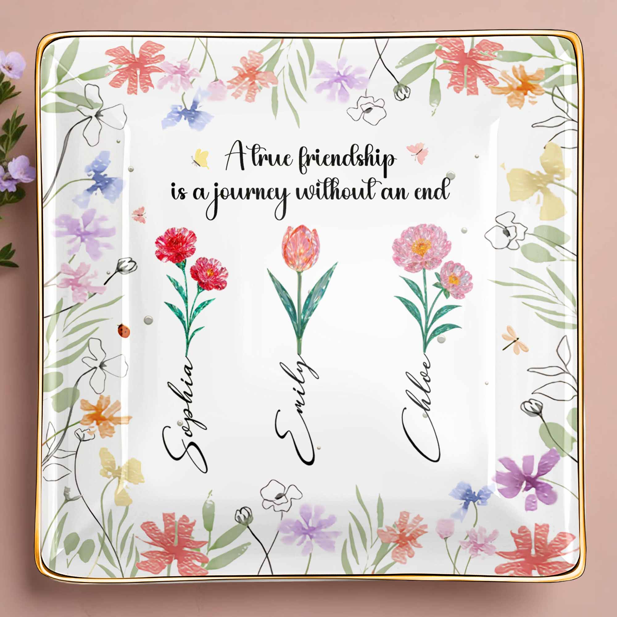 A True Friendship Is A Journey Without An End With Flowers - Personalized Custom Jewelry Dish, Ceramic Dish, Square Shape - BST318_SCRF