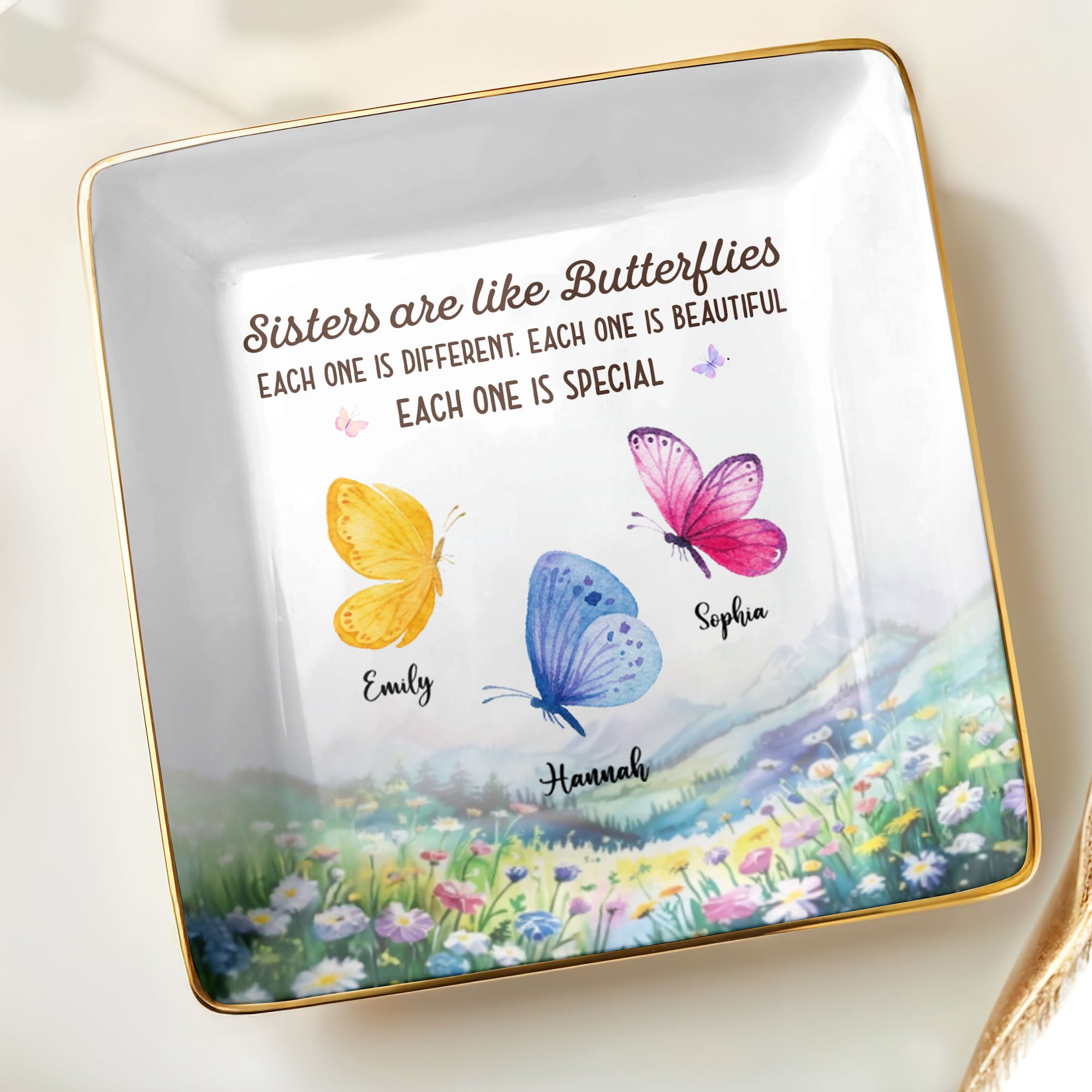 Sisters Are Like Butterflies, Each One Is Special - Personalized Custom Jewelry Dish, Ceramic Dish, Square Shape - BST329_SCRF
