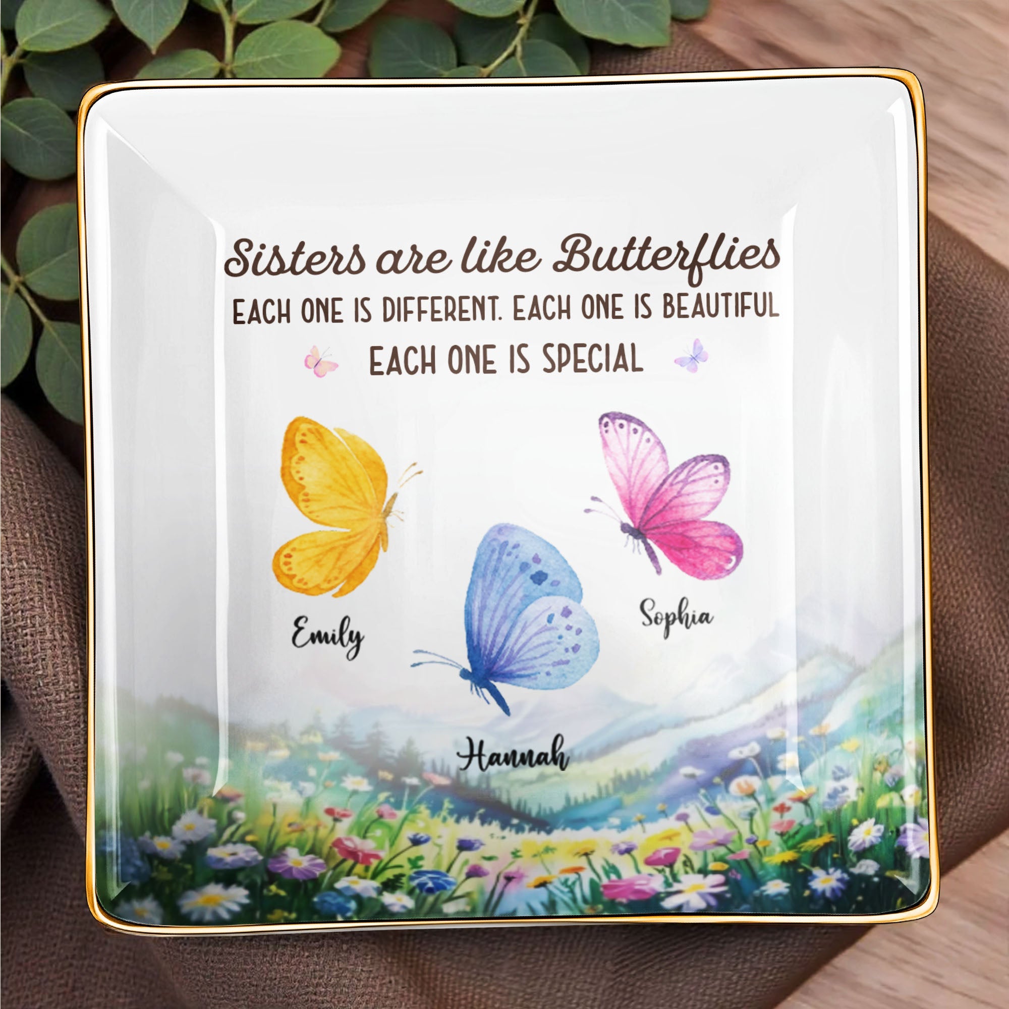 Sisters Are Like Butterflies, Each One Is Special - Personalized Custom Jewelry Dish, Ceramic Dish, Square Shape - BST329_SCRF