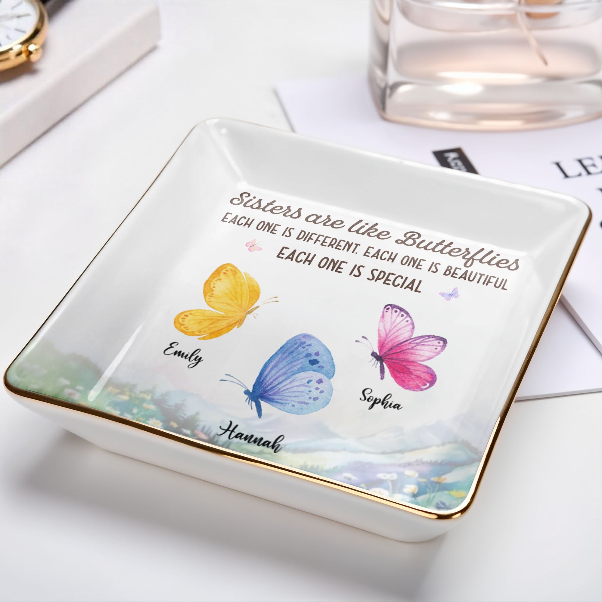Sisters Are Like Butterflies, Each One Is Special - Personalized Custom Jewelry Dish, Ceramic Dish, Square Shape - BST329_SCRF