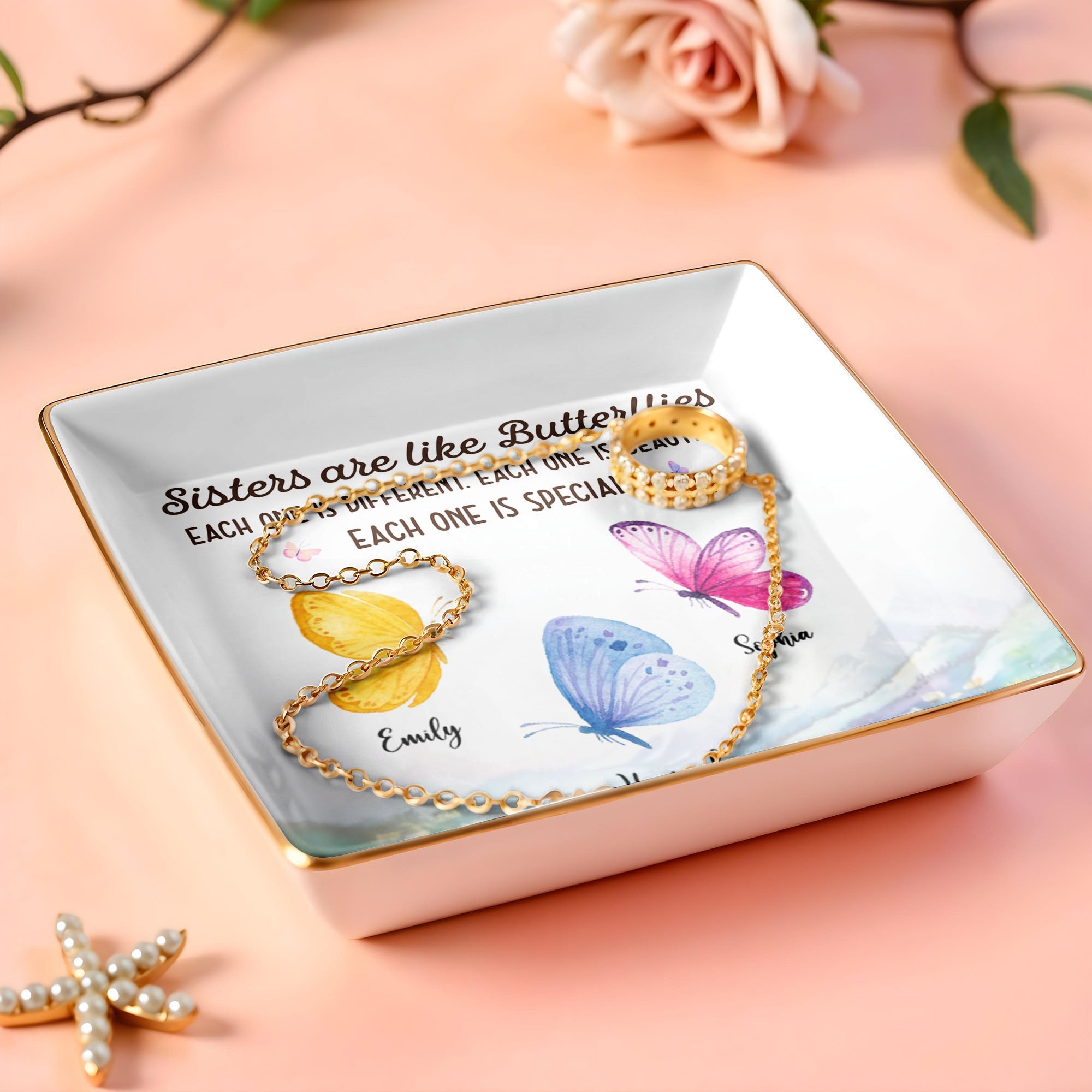 Sisters Are Like Butterflies, Each One Is Special - Personalized Custom Jewelry Dish, Ceramic Dish, Square Shape - BST329_SCRF