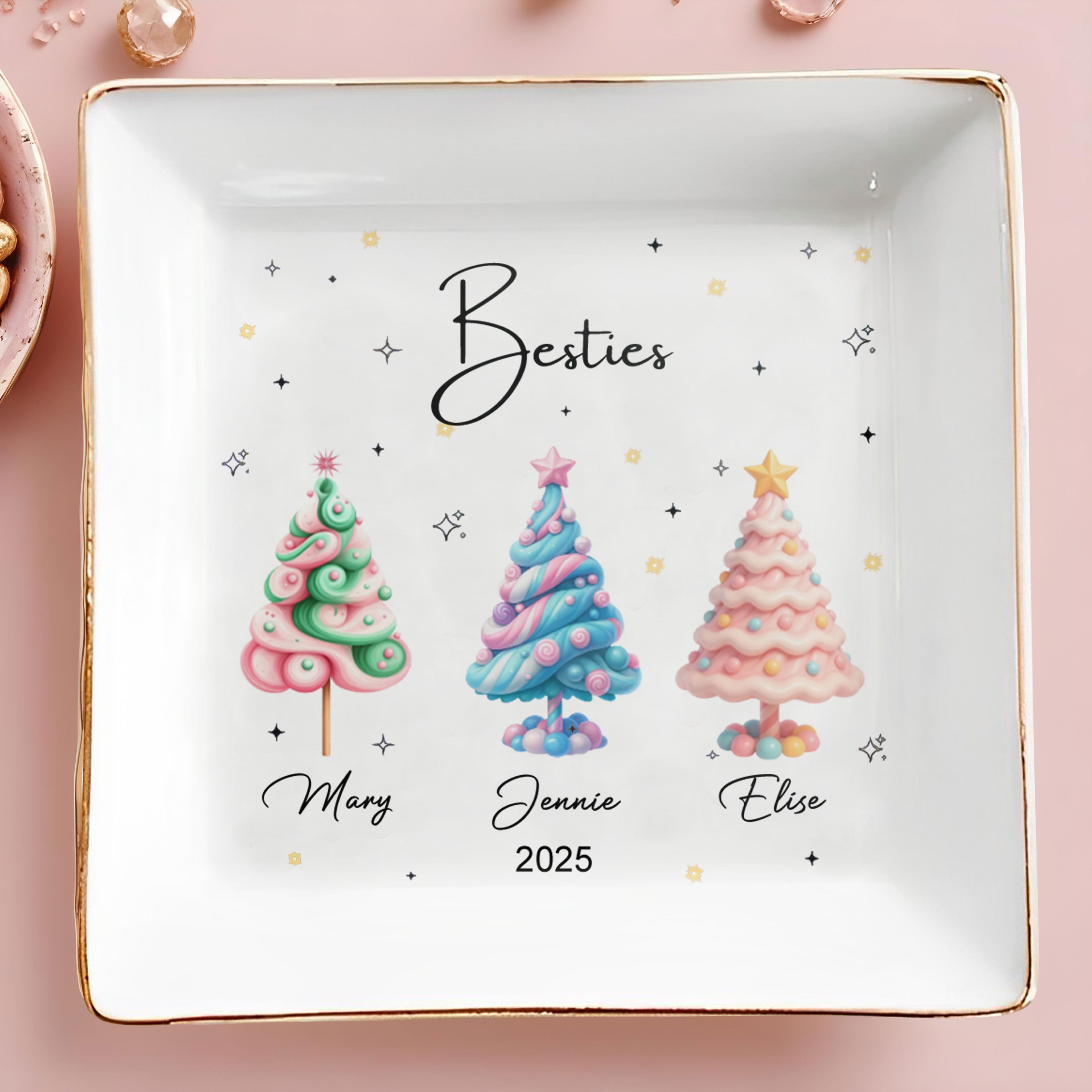 Besties With Colorful Christmas Trees - Personalized Custom Jewelry Dish, Square Ceramic Dish - BST397_SCRD