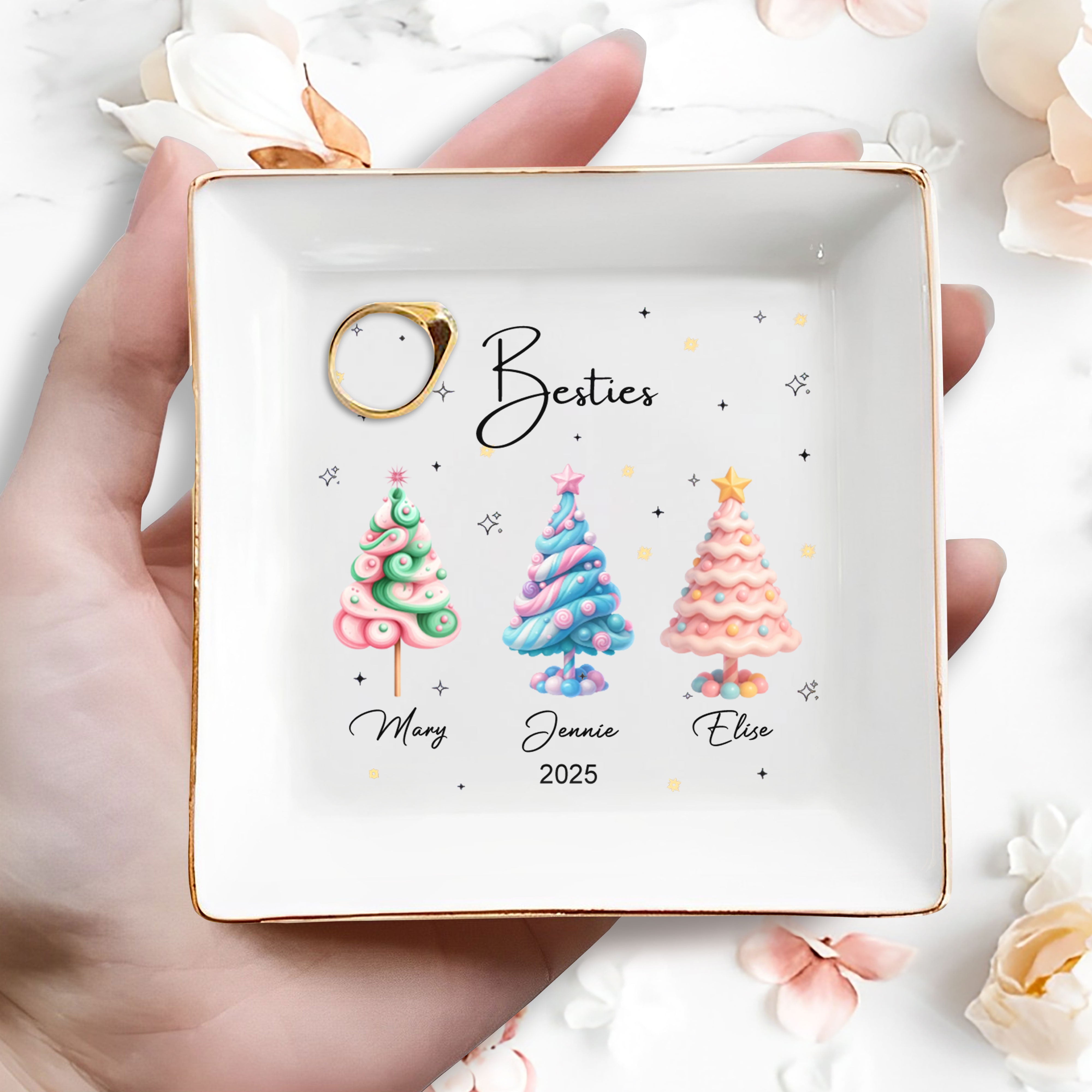 Besties With Colorful Christmas Trees - Personalized Custom Jewelry Dish, Square Ceramic Dish - BST397_SCRD