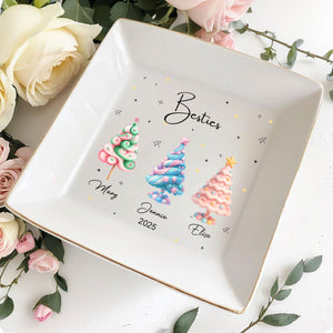 Besties With Colorful Christmas Trees - Personalized Custom Jewelry Dish, Square Ceramic Dish - BST397_SCRD