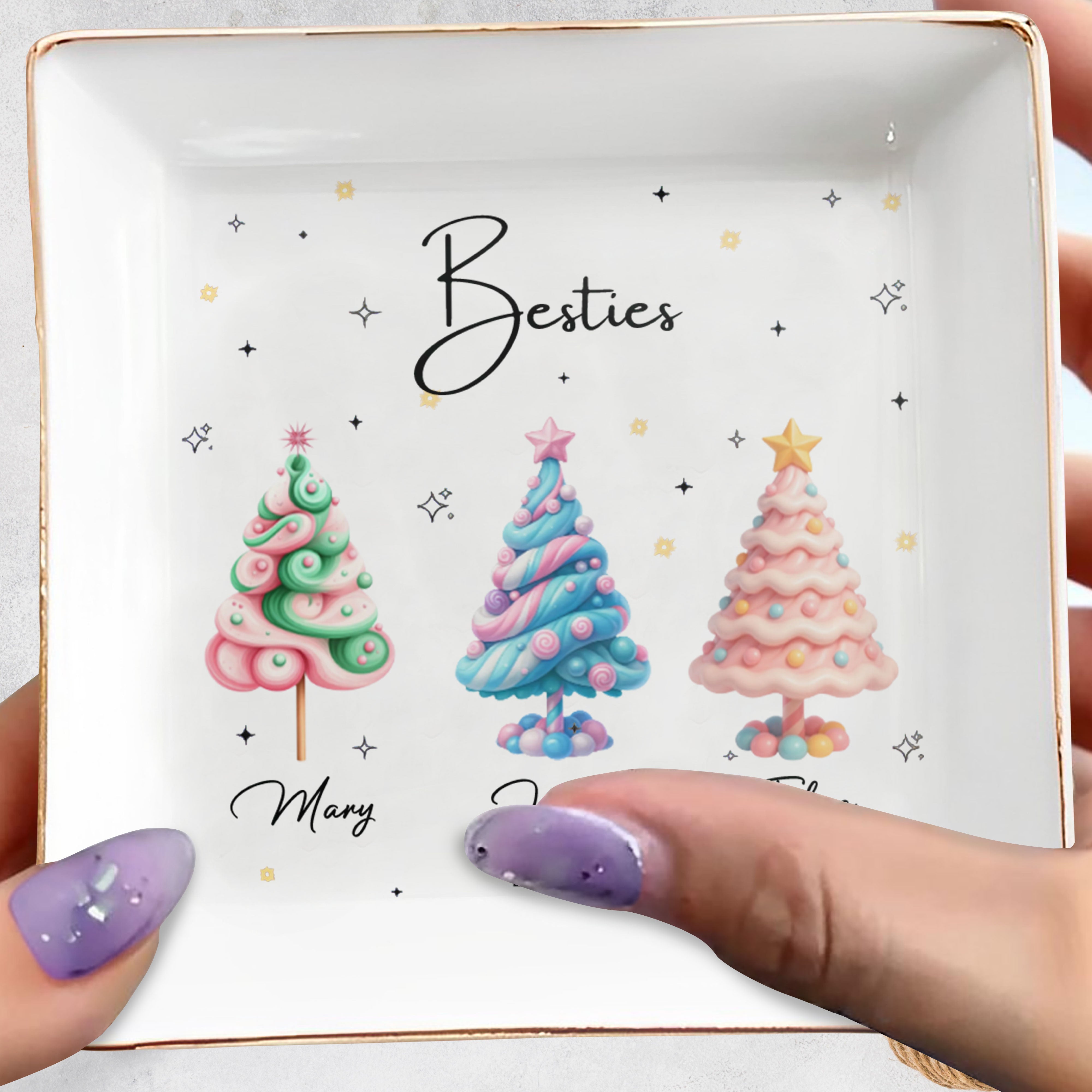 Besties With Colorful Christmas Trees - Personalized Custom Jewelry Dish, Square Ceramic Dish - BST397_SCRD