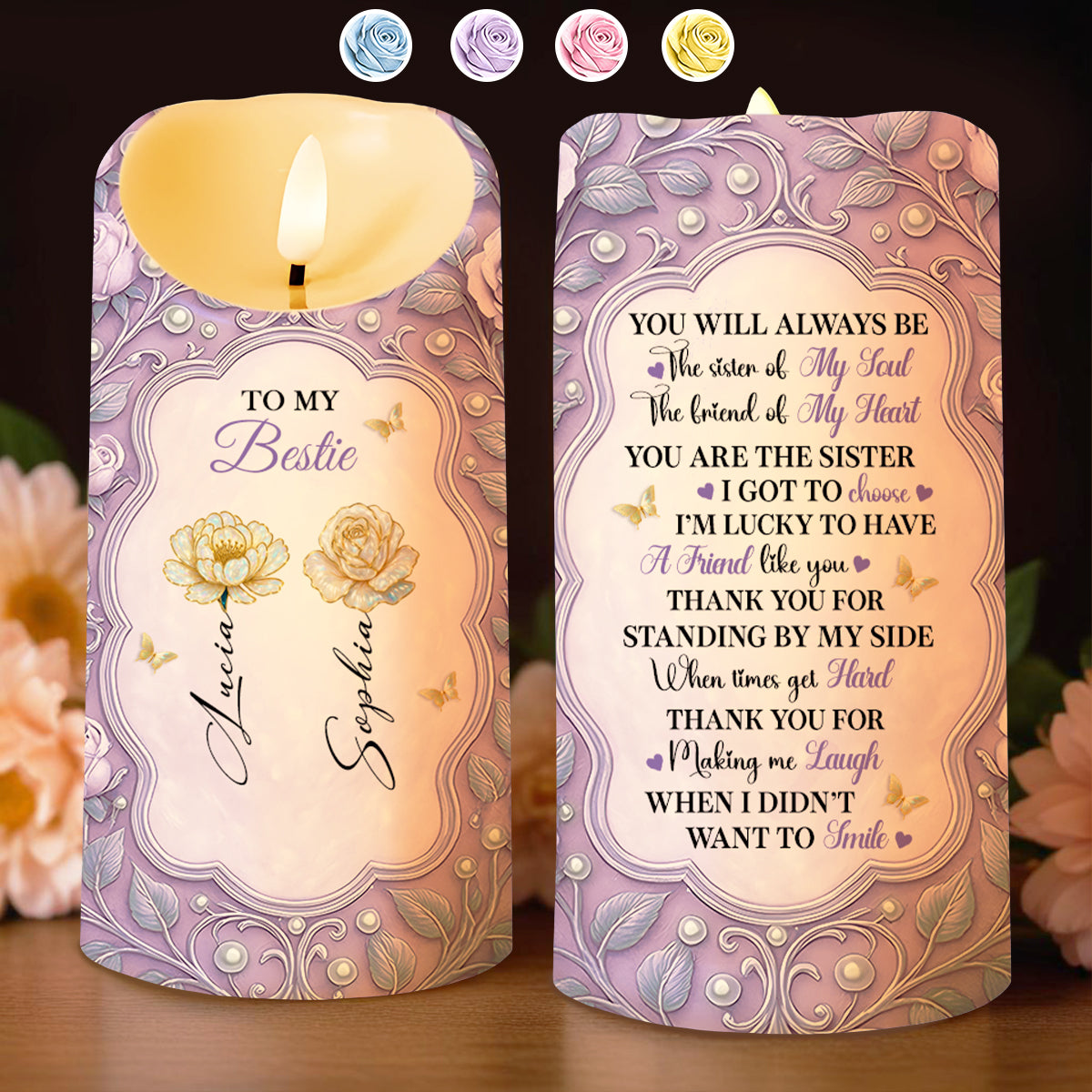 To My Bestie, Sister Of My Soul, Friend Of My Heart, Roses - Personalized Custom LED Candle - BST464_LECA