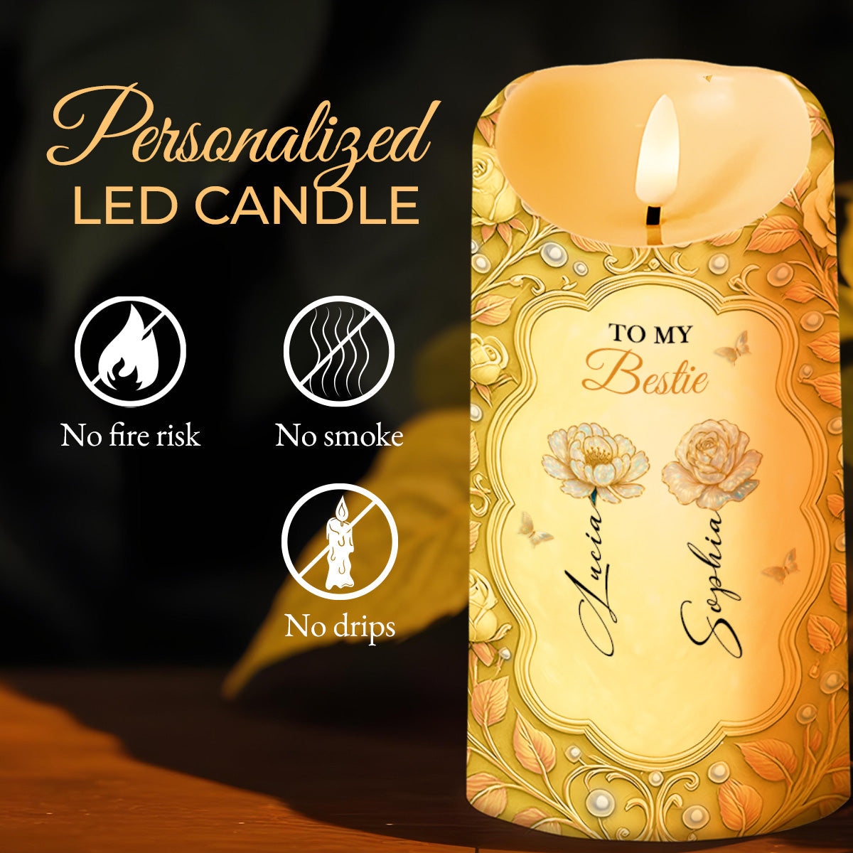 To My Bestie, Sister Of My Soul, Friend Of My Heart, Roses - Personalized Custom LED Candle - BST464_LECA