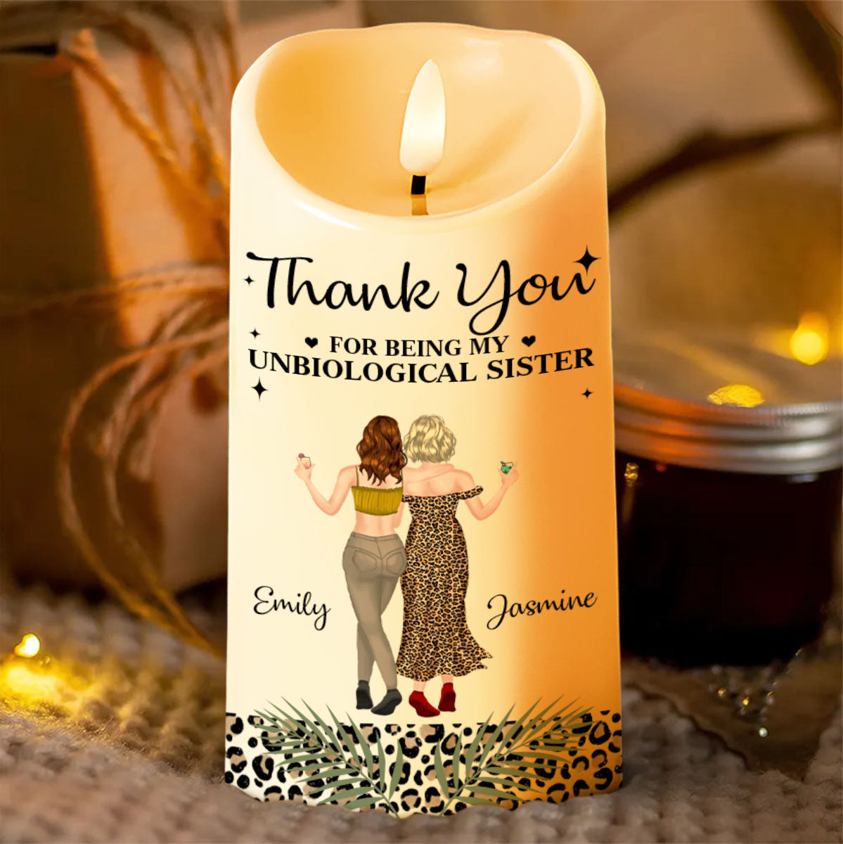 Thank You For Being My Unbiological Sister Best Friends Leopard Print Design - Personalized Custom LED Candle - BST468_LECA