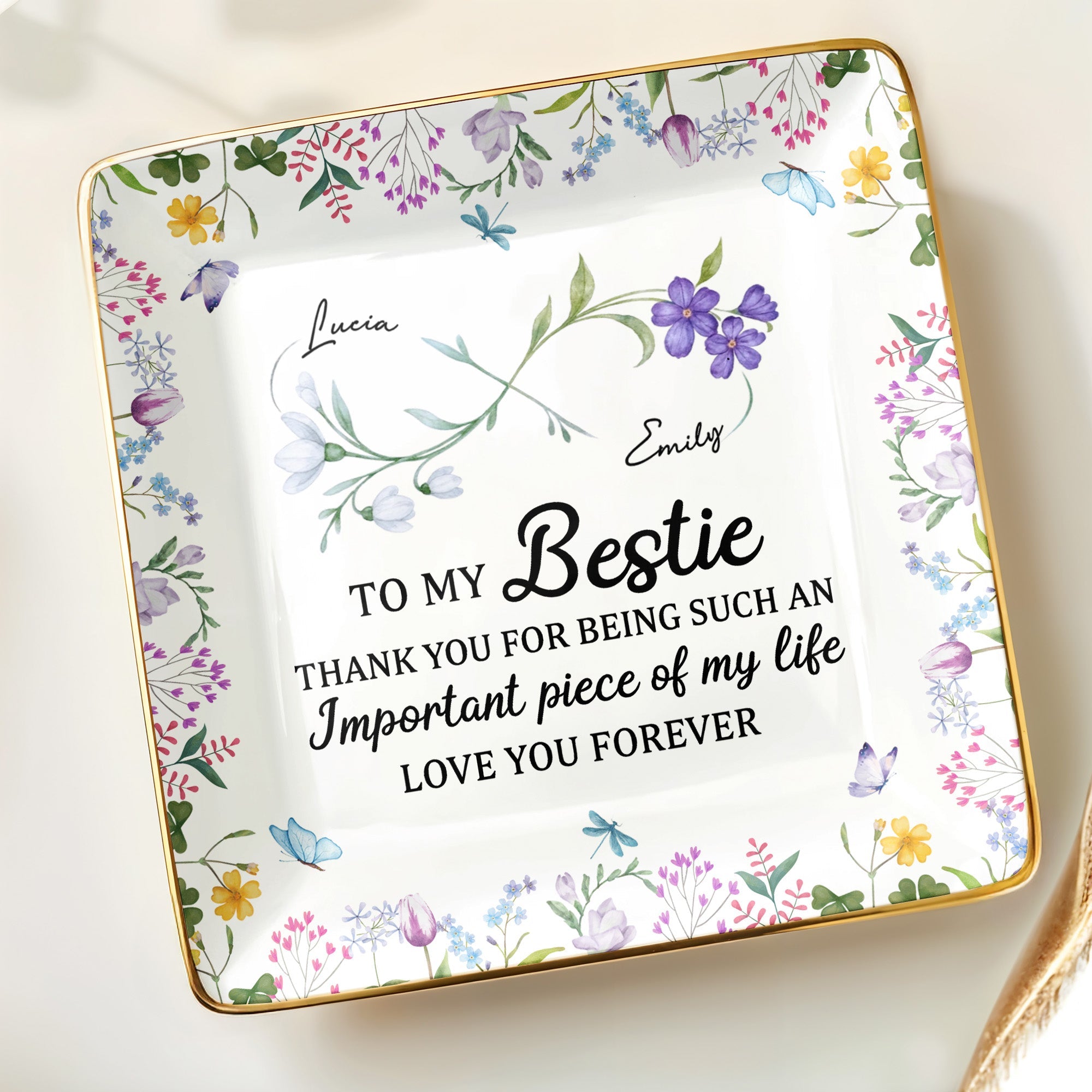To My Bestie Thank You For Being Such An Important Piece - Personalized Custom Jewelry Dish, Ceramic Dish, Square Shape - BST470_SCRF