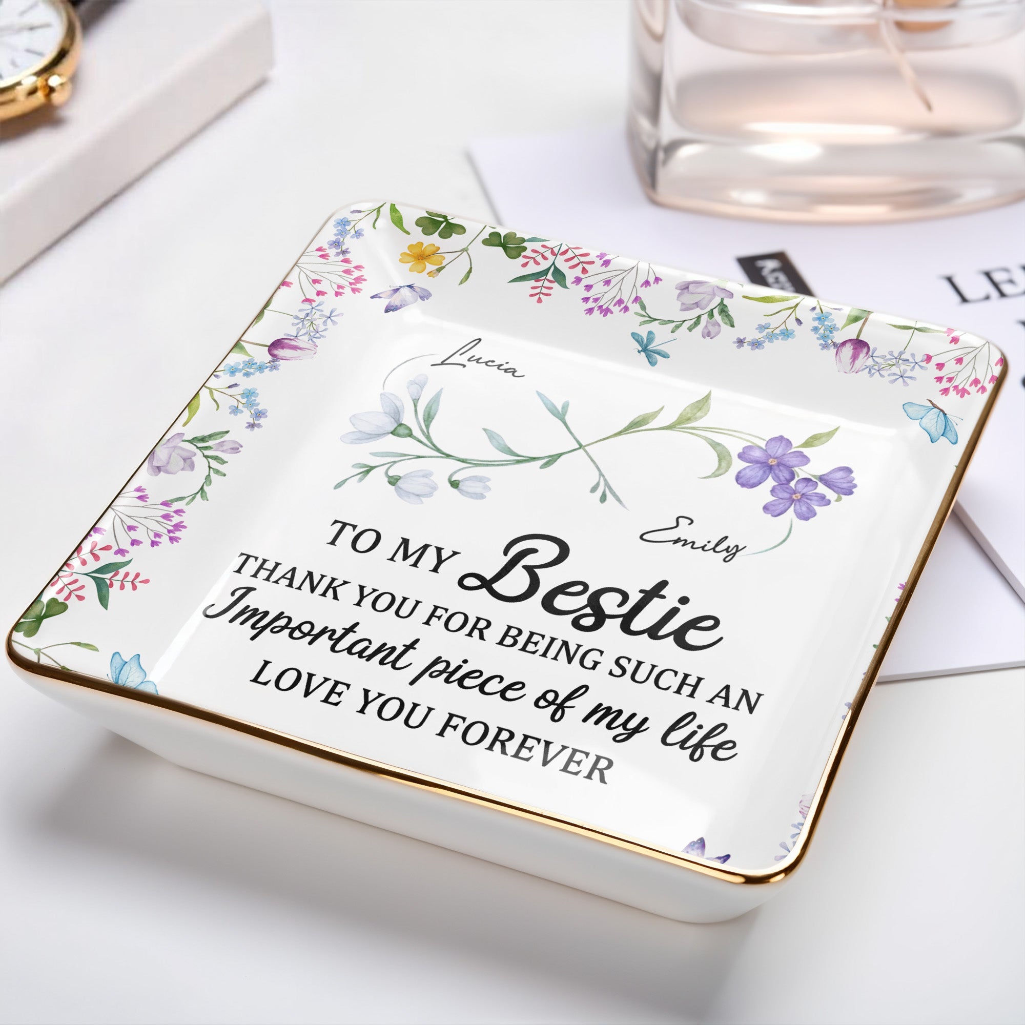 To My Bestie Thank You For Being Such An Important Piece - Personalized Custom Jewelry Dish, Ceramic Dish, Square Shape - BST470_SCRF