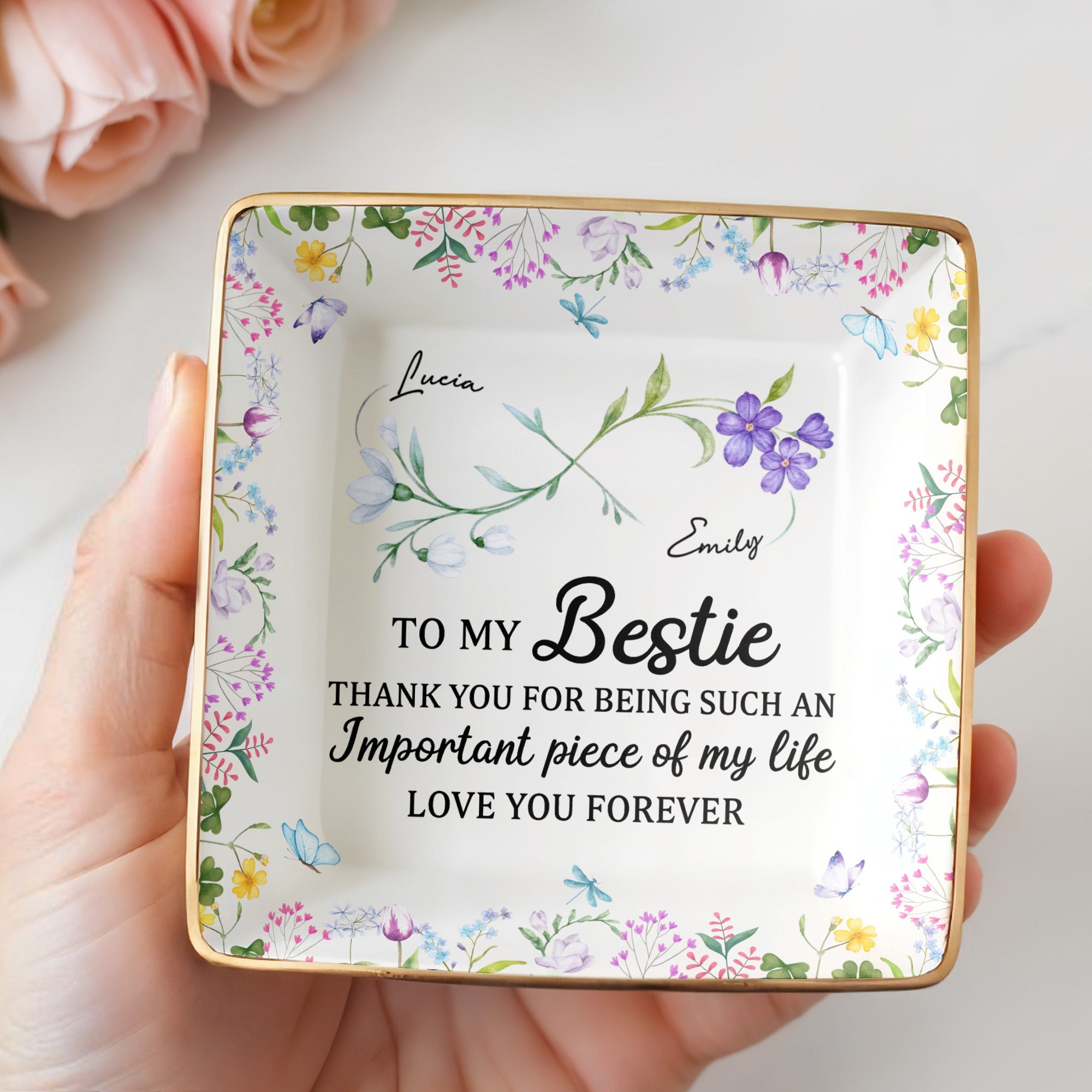 To My Bestie Thank You For Being Such An Important Piece - Personalized Custom Jewelry Dish, Ceramic Dish, Square Shape - BST470_SCRF