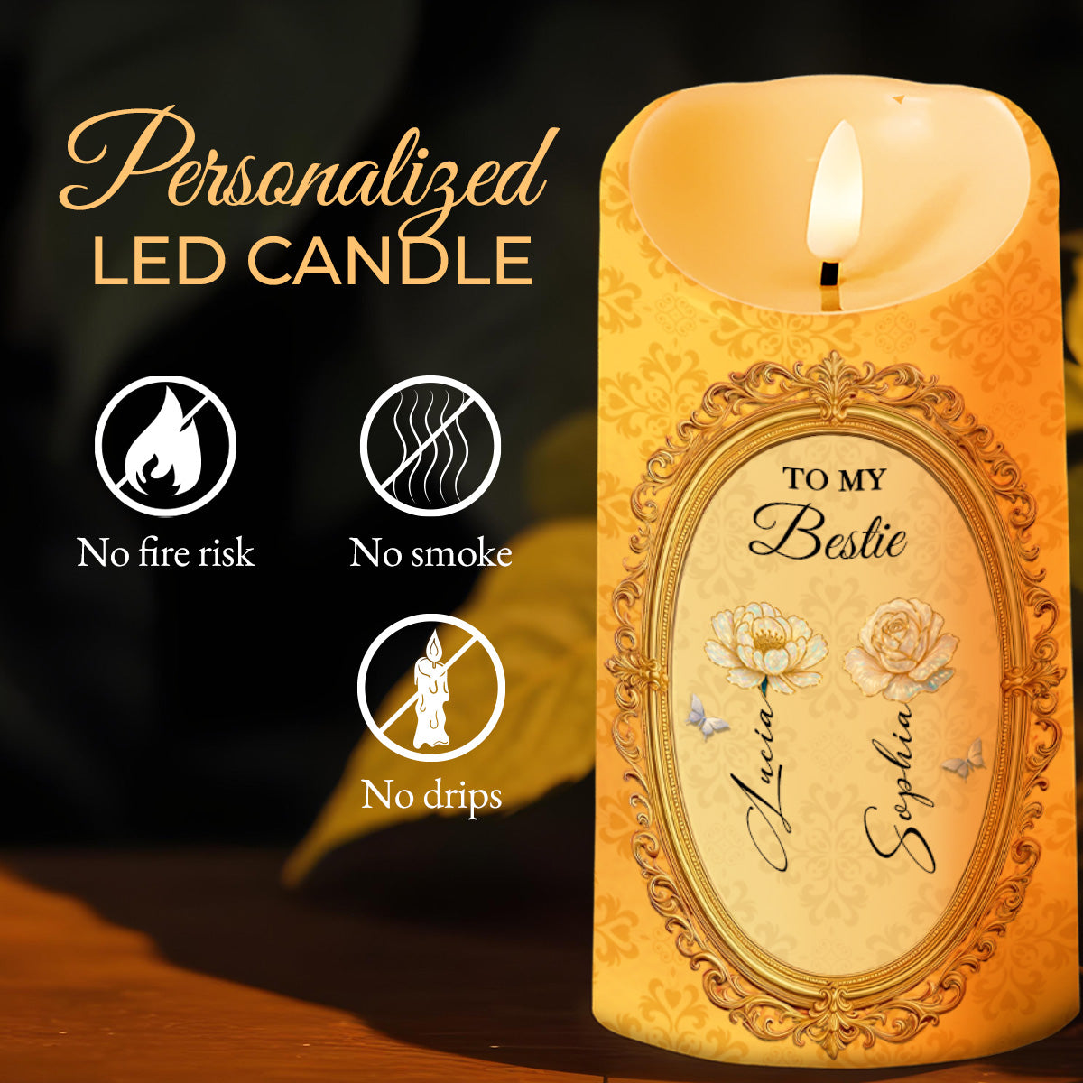 To My Bestie With Flowers And Butterflies - Personalized Custom LED Candle - BST474_LECA