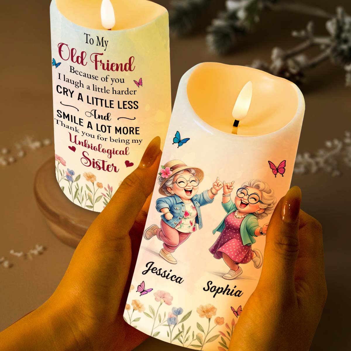 To My Old Friend Thank You For Being My Unbiological Sister With Flowers And Butterflies - Personalized Custom LED Candle - BST476_LECA
