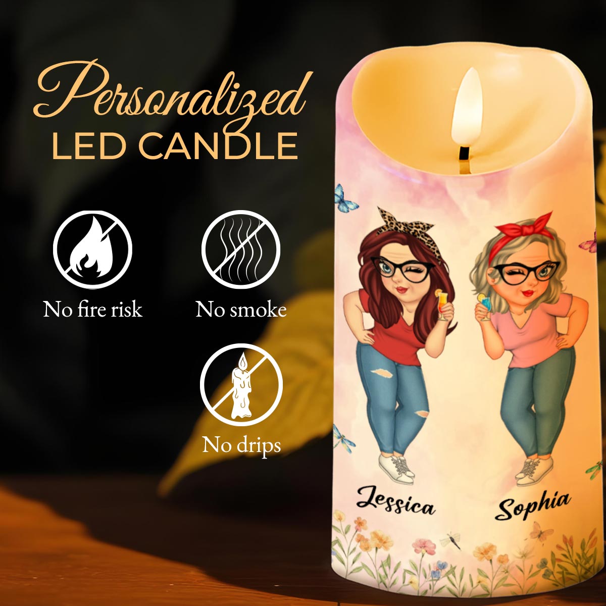 To My Old Friend, Unbiological Sister With Flowers And Butterflies - Personalized Custom LED Candle - BST478_LECA