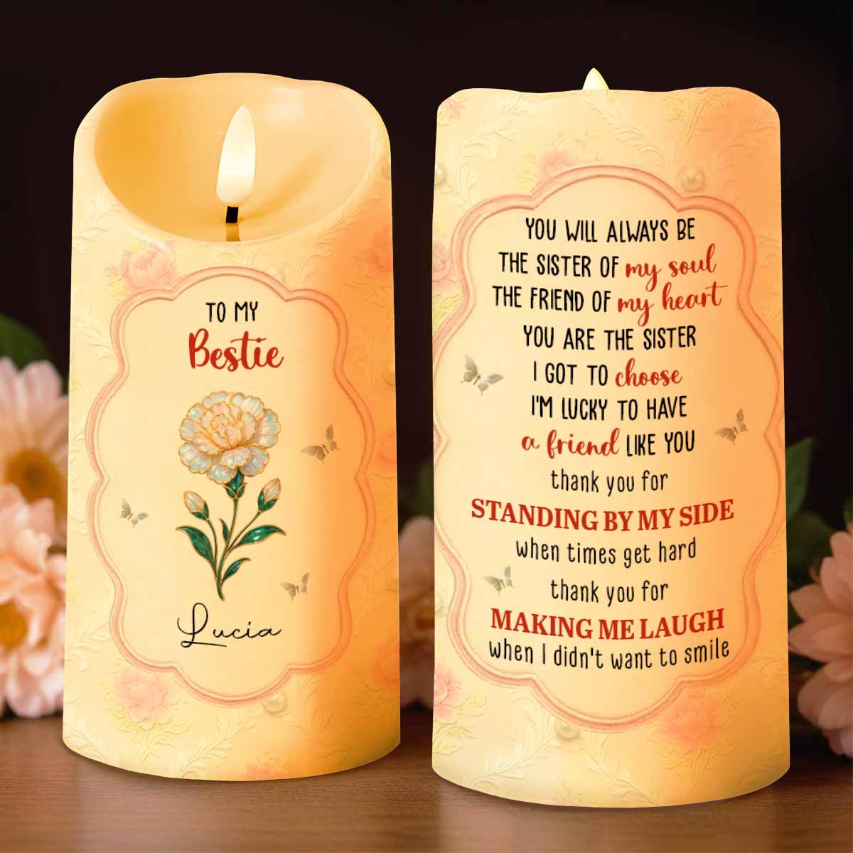 To My Bestie, Thank You For Standing By My Side, Flower and Butterflies - Personalized Custom LED Candle - BST481_LECA