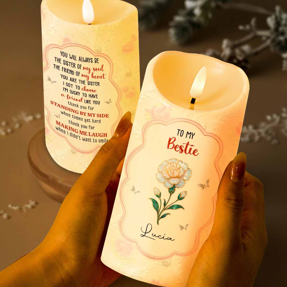 To My Bestie, Thank You For Standing By My Side, Flower and Butterflies - Personalized Custom LED Candle - BST481_LECA