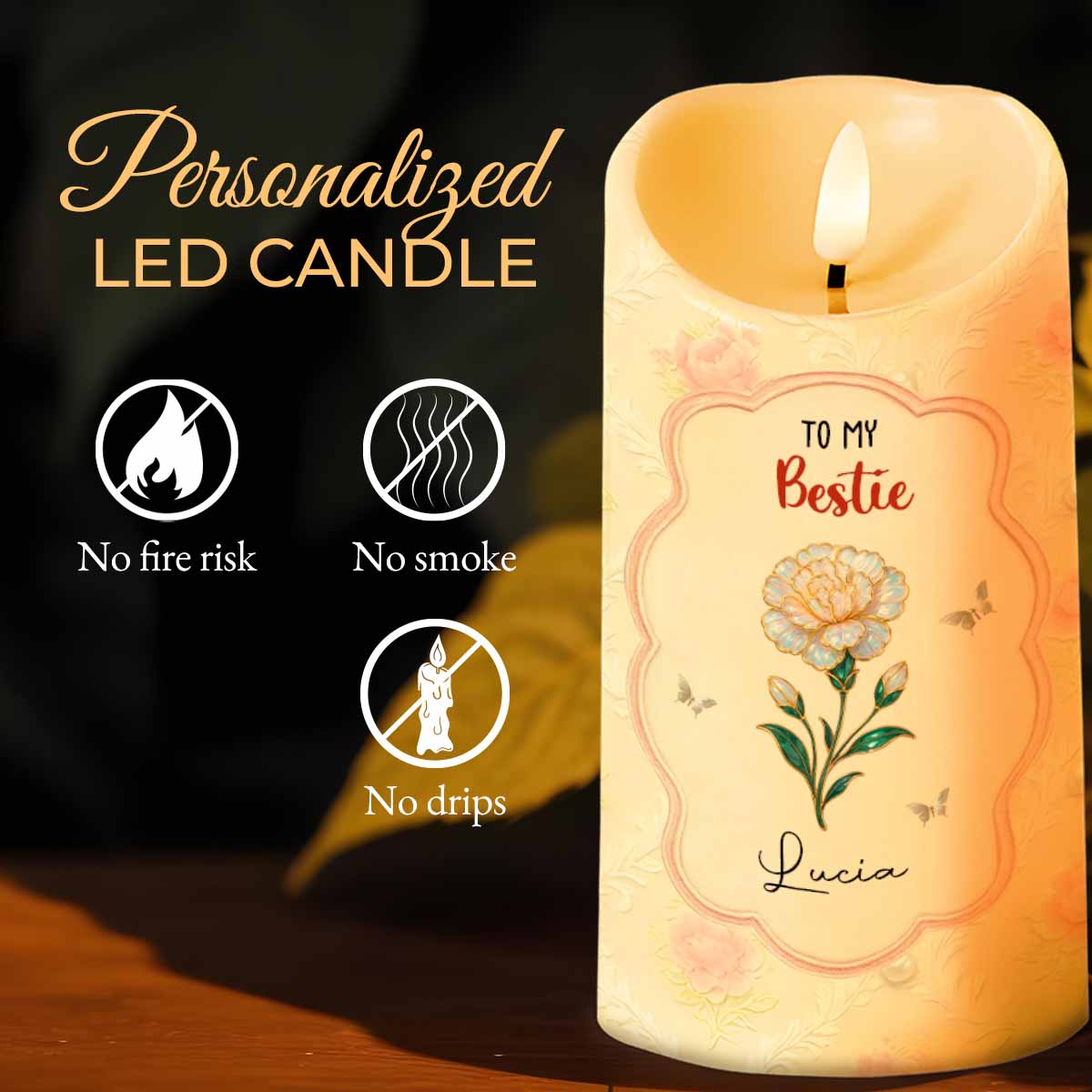 To My Bestie, Thank You For Standing By My Side, Flower and Butterflies - Personalized Custom LED Candle - BST481_LECA