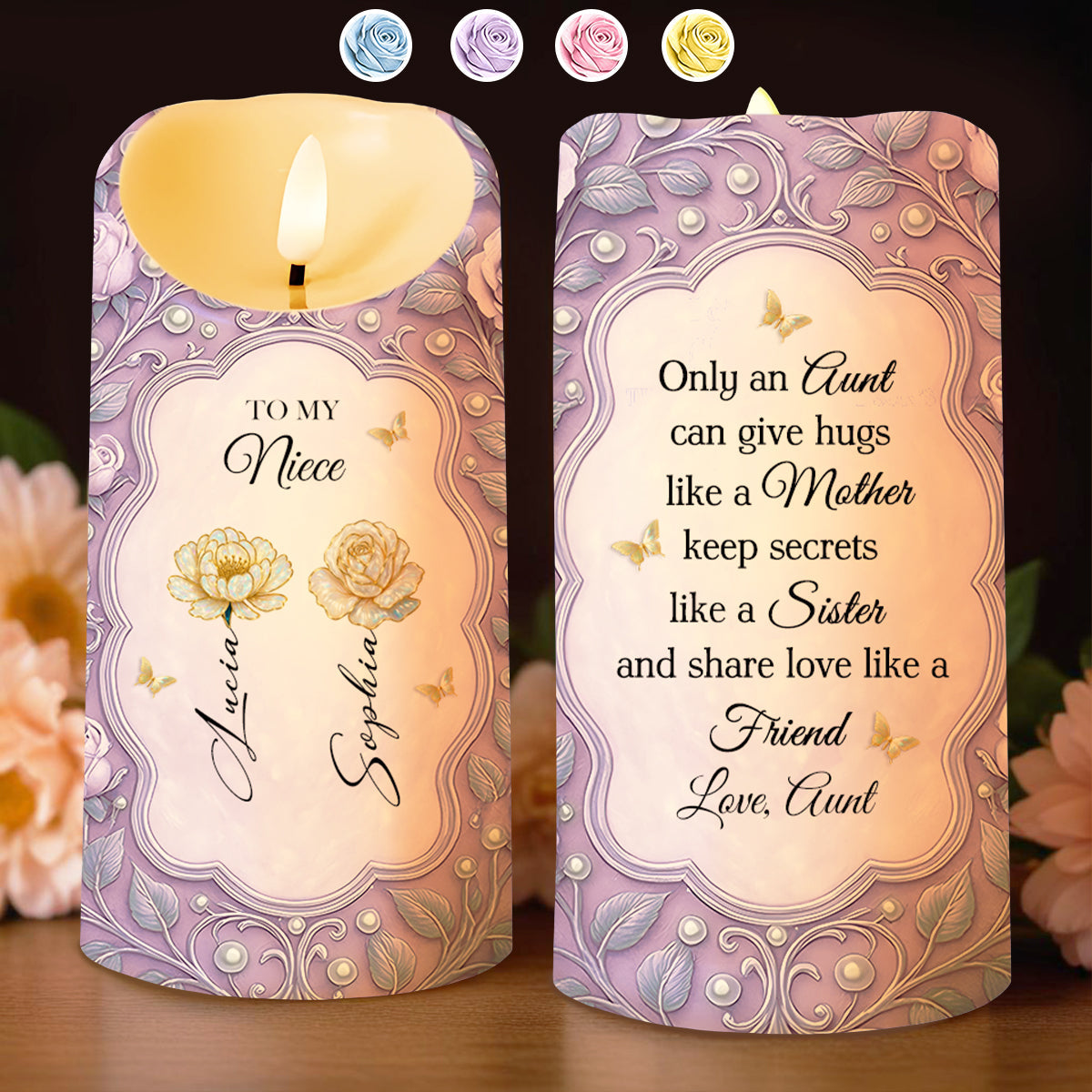 Only An Aunt Can Give Hugs Like A Mother, Flowers And Butterflies Design - Personalized Custom LED Candle - BST483_LECA