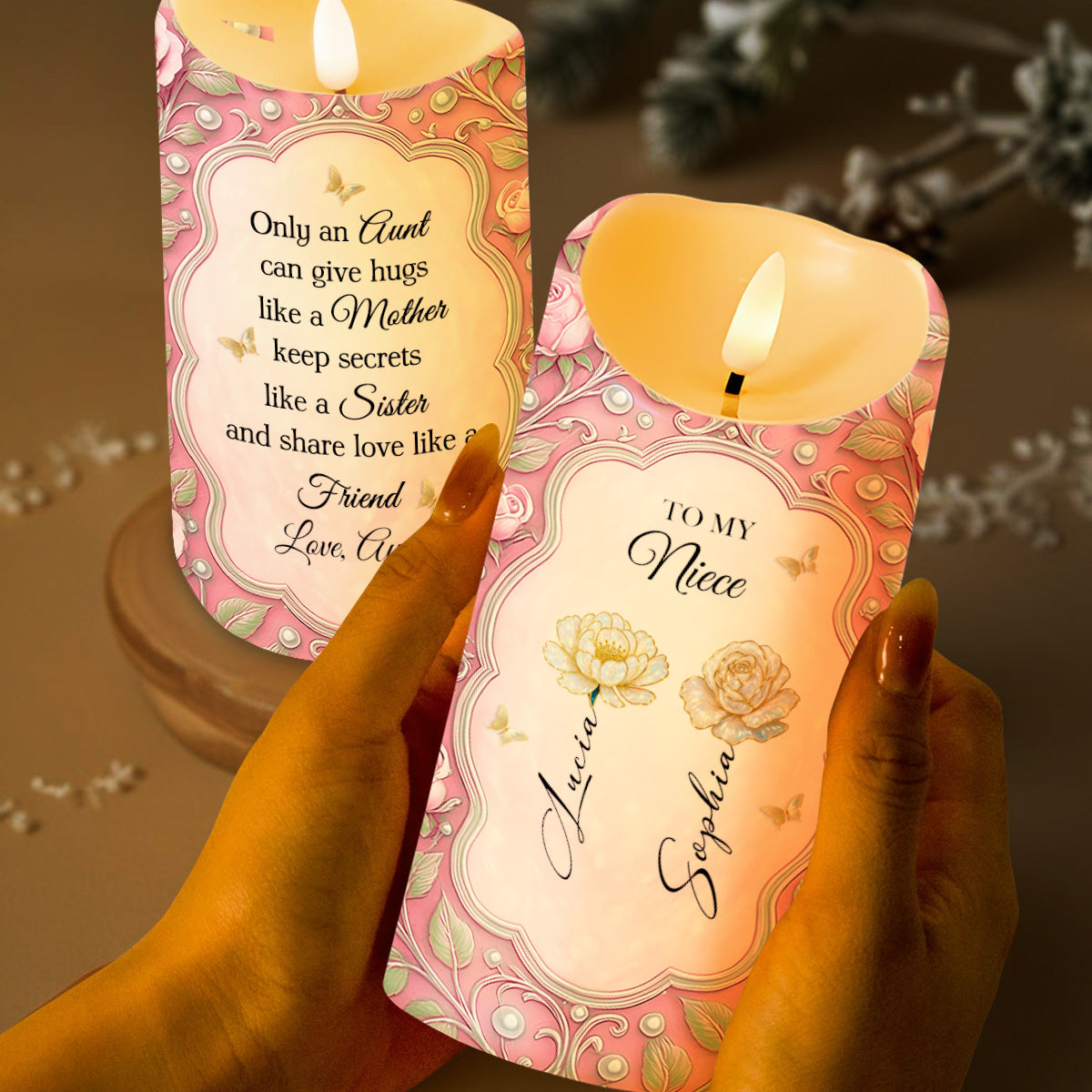 Only An Aunt Can Give Hugs Like A Mother, Flowers And Butterflies Design - Personalized Custom LED Candle - BST483_LECA