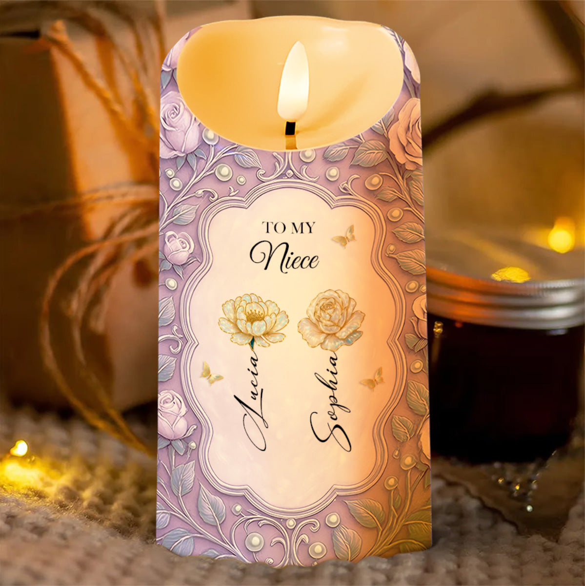 Only An Aunt Can Give Hugs Like A Mother, Flowers And Butterflies Design - Personalized Custom LED Candle - BST483_LECA