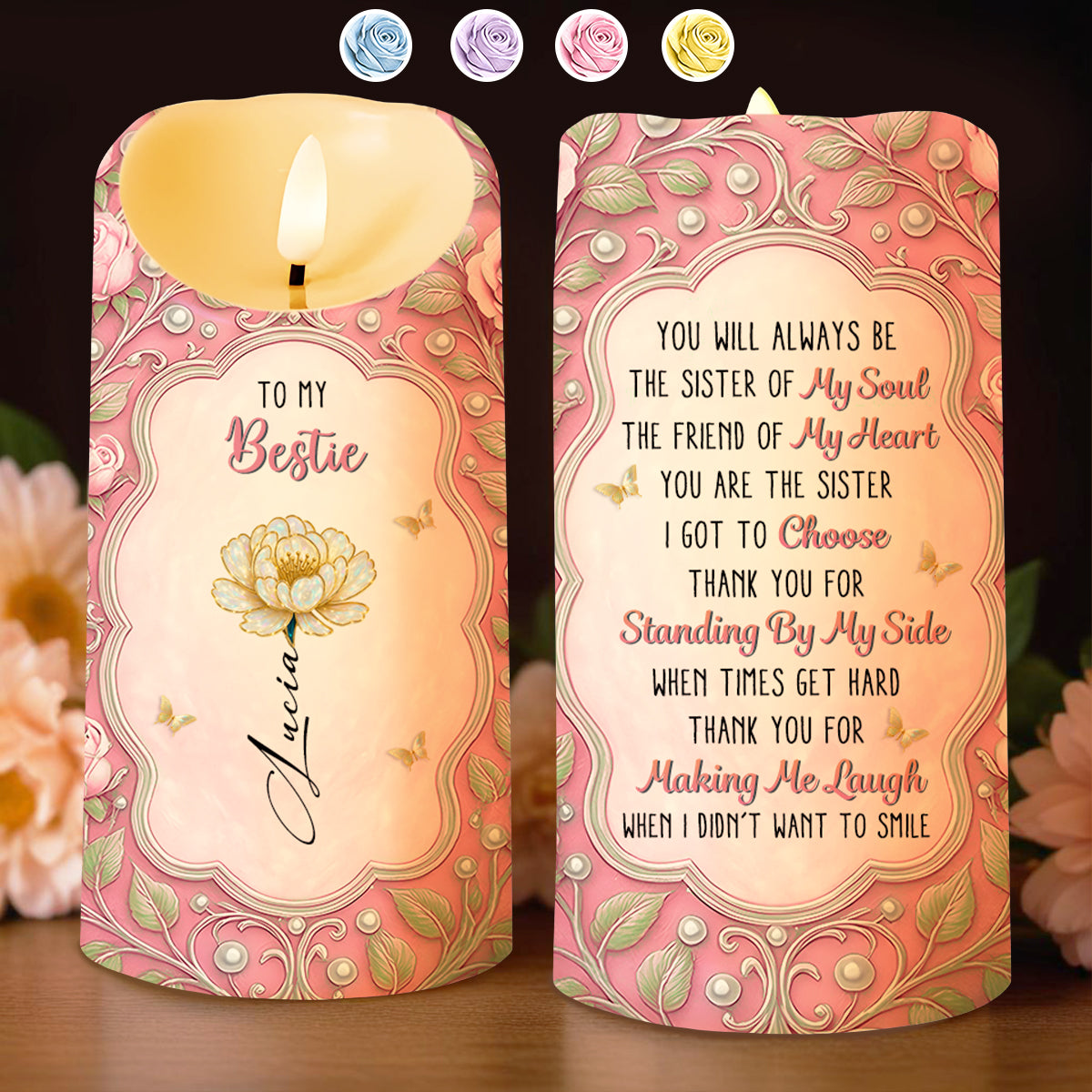 To My Bestie, Flower And Butterflies Design - Personalized Custom LED Candle - BST485_LECA