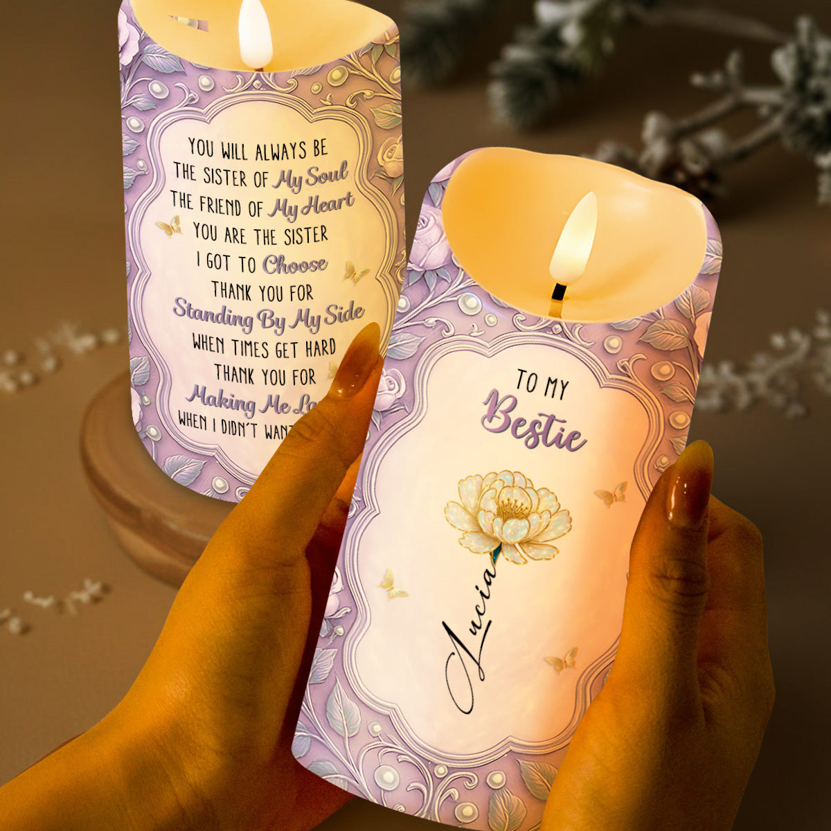 To My Bestie, Flower And Butterflies Design - Personalized Custom LED Candle - BST485_LECA