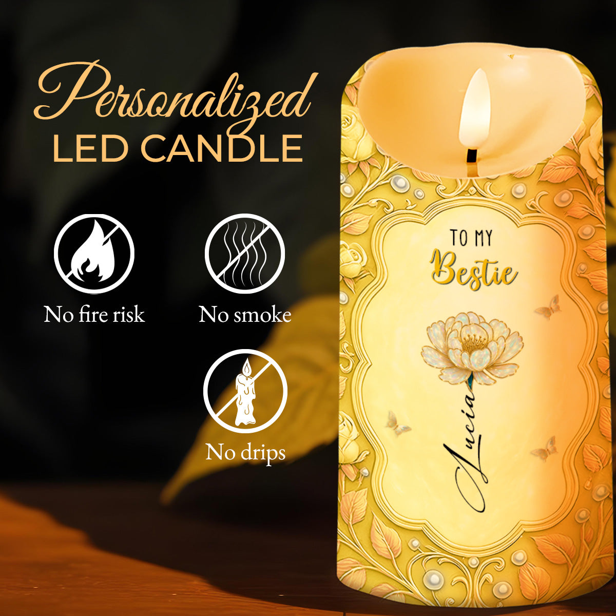 To My Bestie, Flower And Butterflies Design - Personalized Custom LED Candle - BST485_LECA