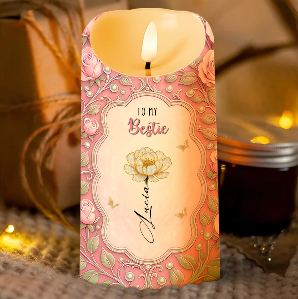 To My Bestie, Flower And Butterflies Design - Personalized Custom LED Candle - BST485_LECA