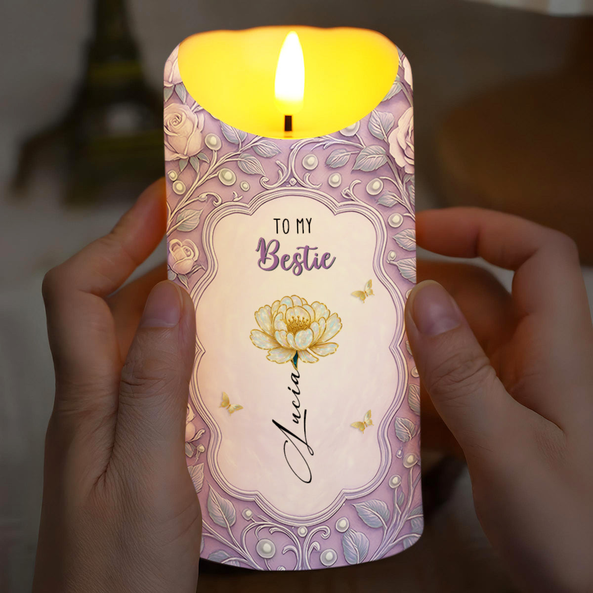 To My Bestie, Flower And Butterflies Design - Personalized Custom LED Candle - BST485_LECA