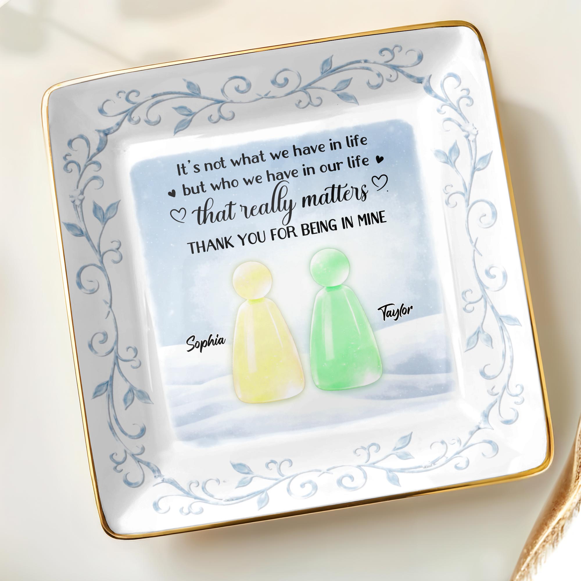 Thank You For Being In Mine With Abstract Figures And Floral Designs - Personalized Custom Jewelry Dish, Ceramic Dish, Square Shape - BST492_SCRF