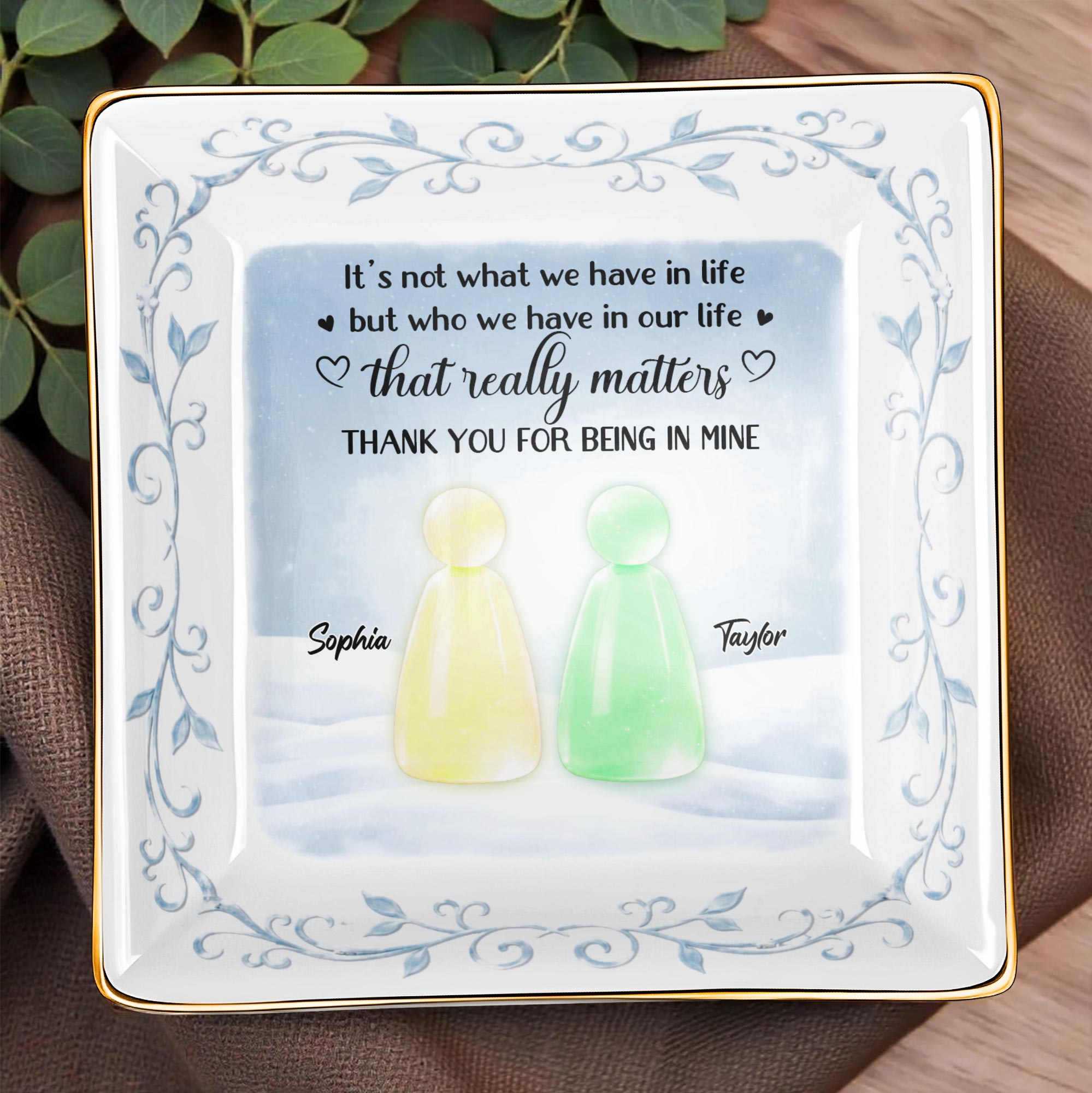 Thank You For Being In Mine With Abstract Figures And Floral Designs - Personalized Custom Jewelry Dish, Ceramic Dish, Square Shape - BST492_SCRF
