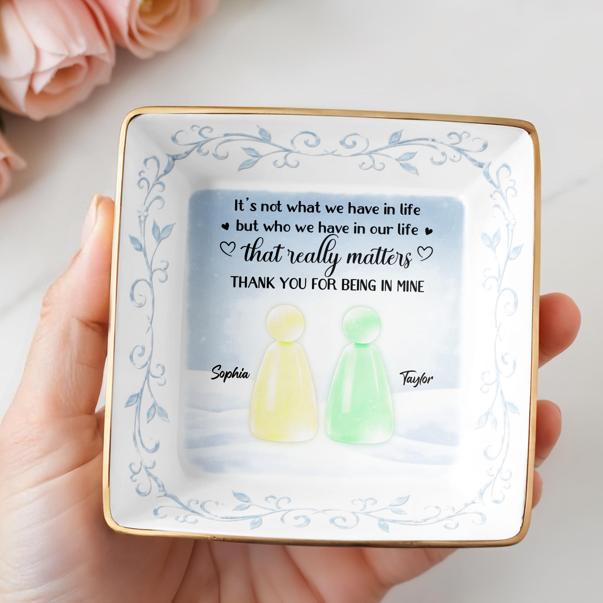 Thank You For Being In Mine With Abstract Figures And Floral Designs - Personalized Custom Jewelry Dish, Ceramic Dish, Square Shape - BST492_SCRF