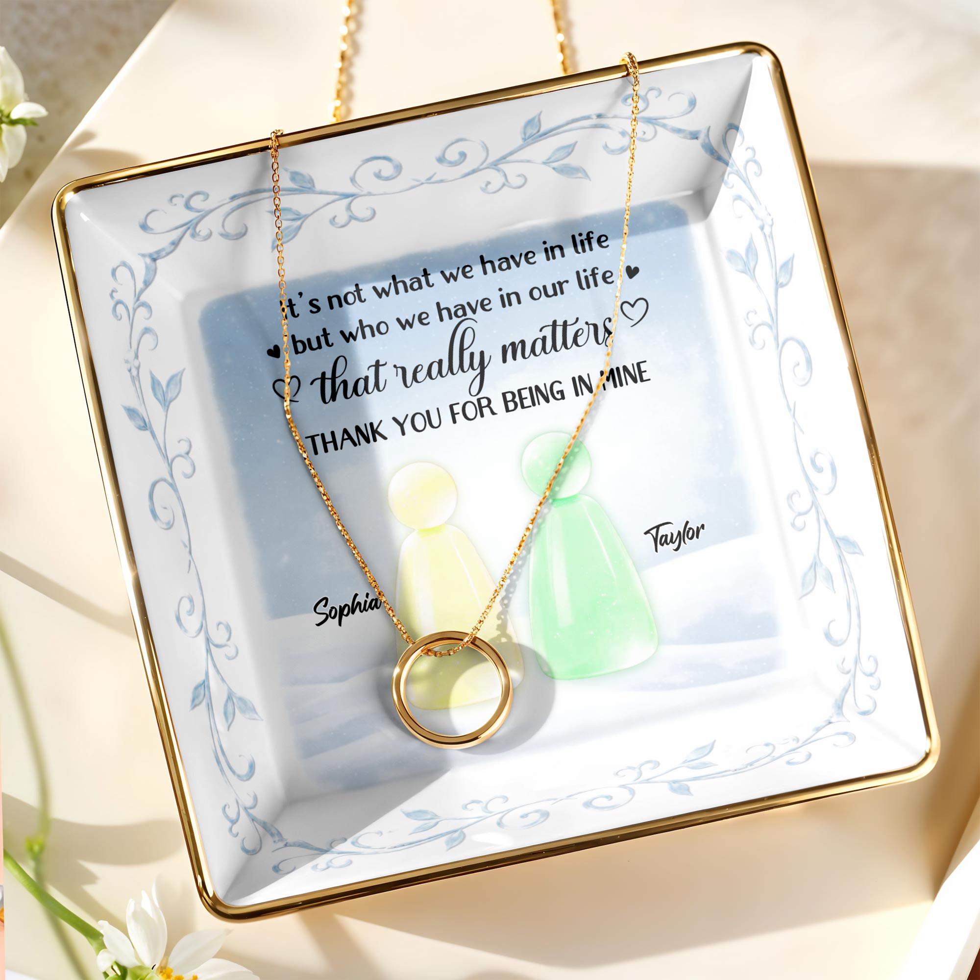 Thank You For Being In Mine With Abstract Figures And Floral Designs - Personalized Custom Jewelry Dish, Ceramic Dish, Square Shape - BST492_SCRF