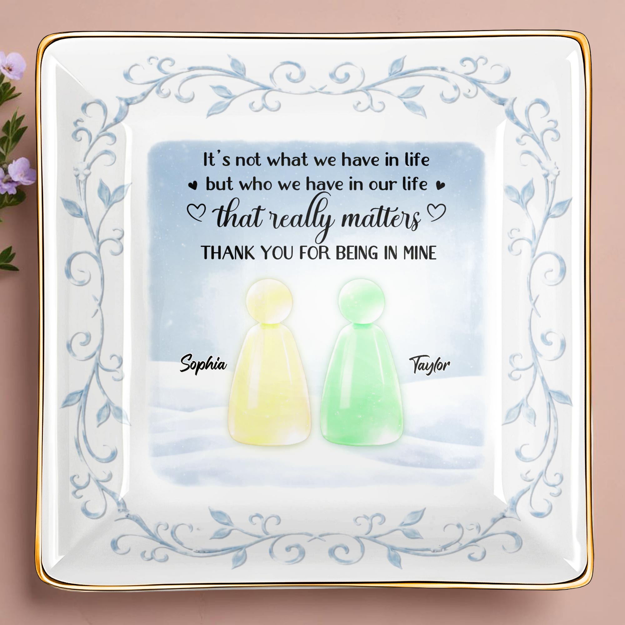 Thank You For Being In Mine With Abstract Figures And Floral Designs - Personalized Custom Jewelry Dish, Ceramic Dish, Square Shape - BST492_SCRF