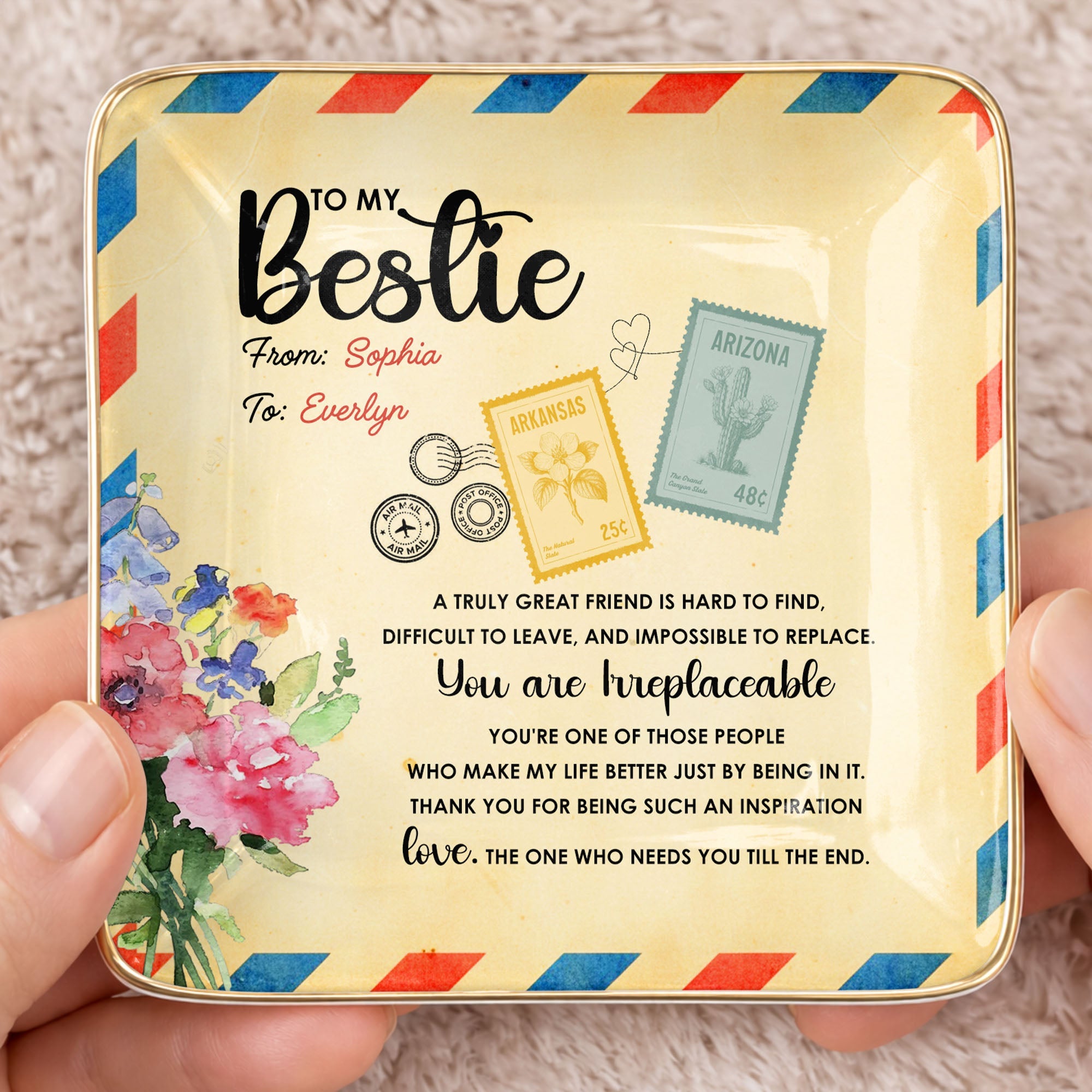 To My Bestie, A Truly Great Friend, Flowers Postage Stamps - Personalized Custom Jewelry Dish, Ceramic Dish, Square Shape - BST500_SCRF
