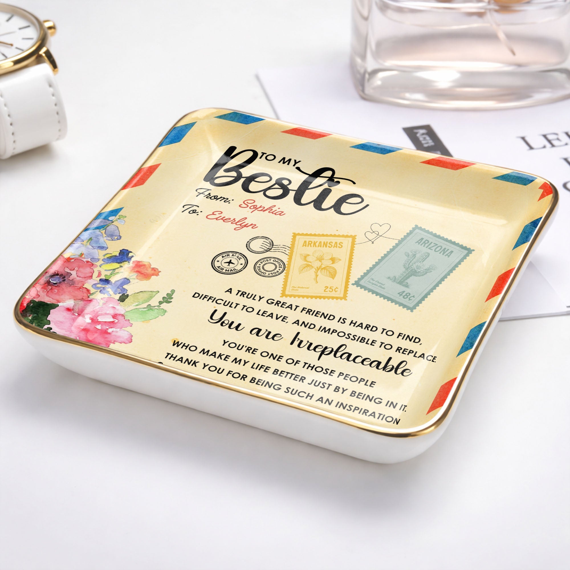 To My Bestie, A Truly Great Friend, Flowers Postage Stamps - Personalized Custom Jewelry Dish, Ceramic Dish, Square Shape - BST500_SCRF