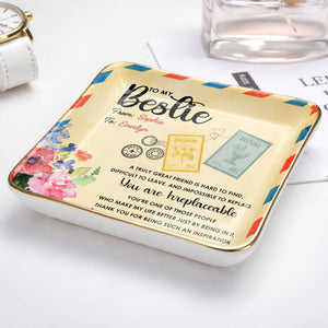To My Bestie, A Truly Great Friend, Flowers Postage Stamps - Personalized Custom Jewelry Dish, Ceramic Dish, Square Shape - BST500_SCRF