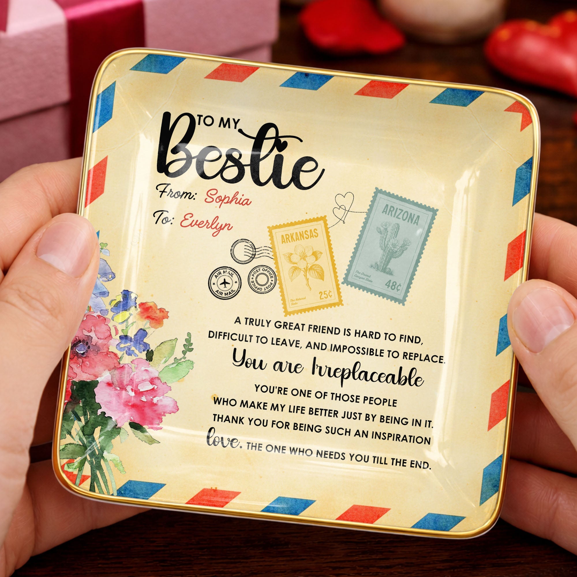 To My Bestie, A Truly Great Friend, Flowers Postage Stamps - Personalized Custom Jewelry Dish, Ceramic Dish, Square Shape - BST500_SCRF