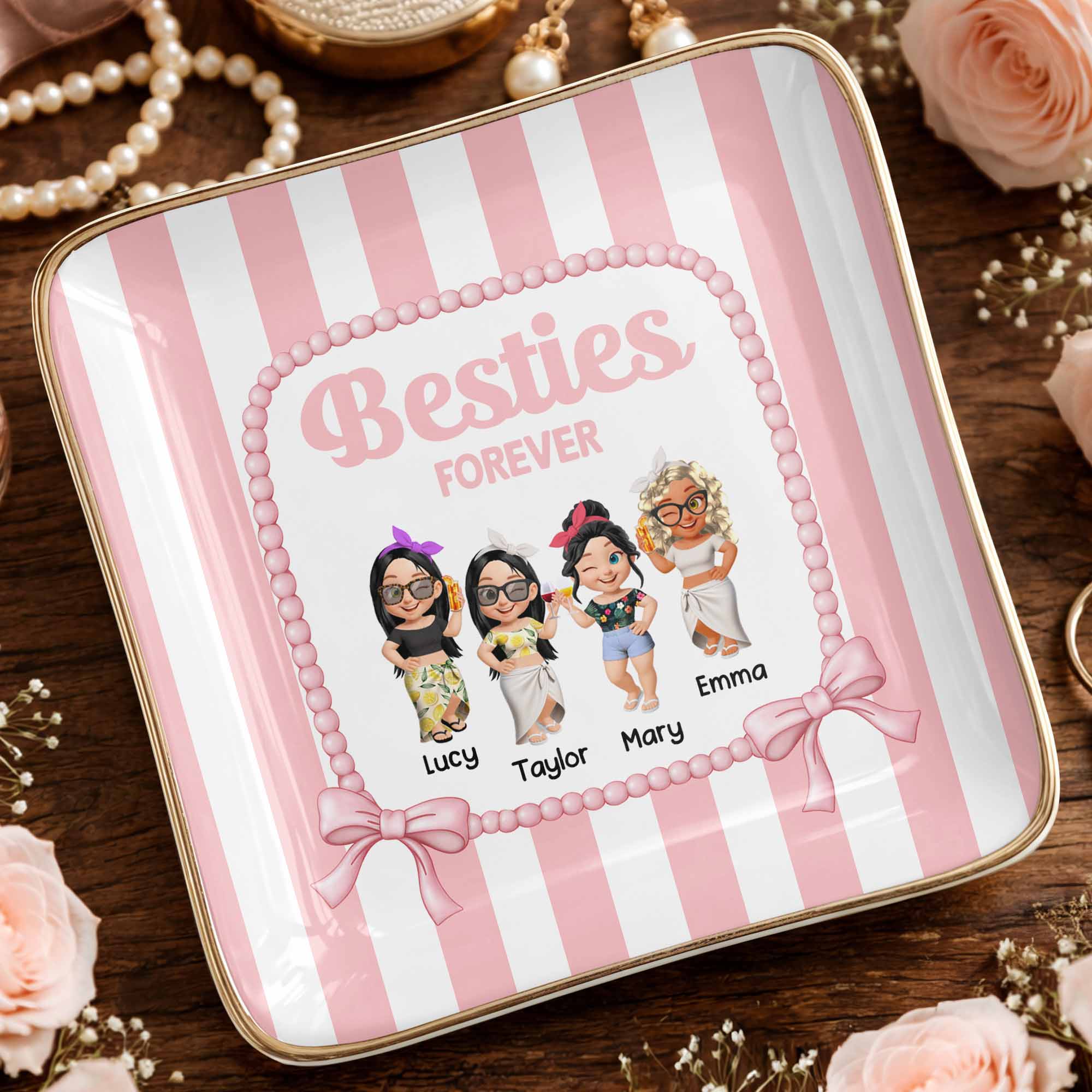 Besties Forever Cartoon-style Characters Jewelry Dish - Personalized Custom Jewelry Dish, Ceramic Dish, Square Shape - BST502_SCRF