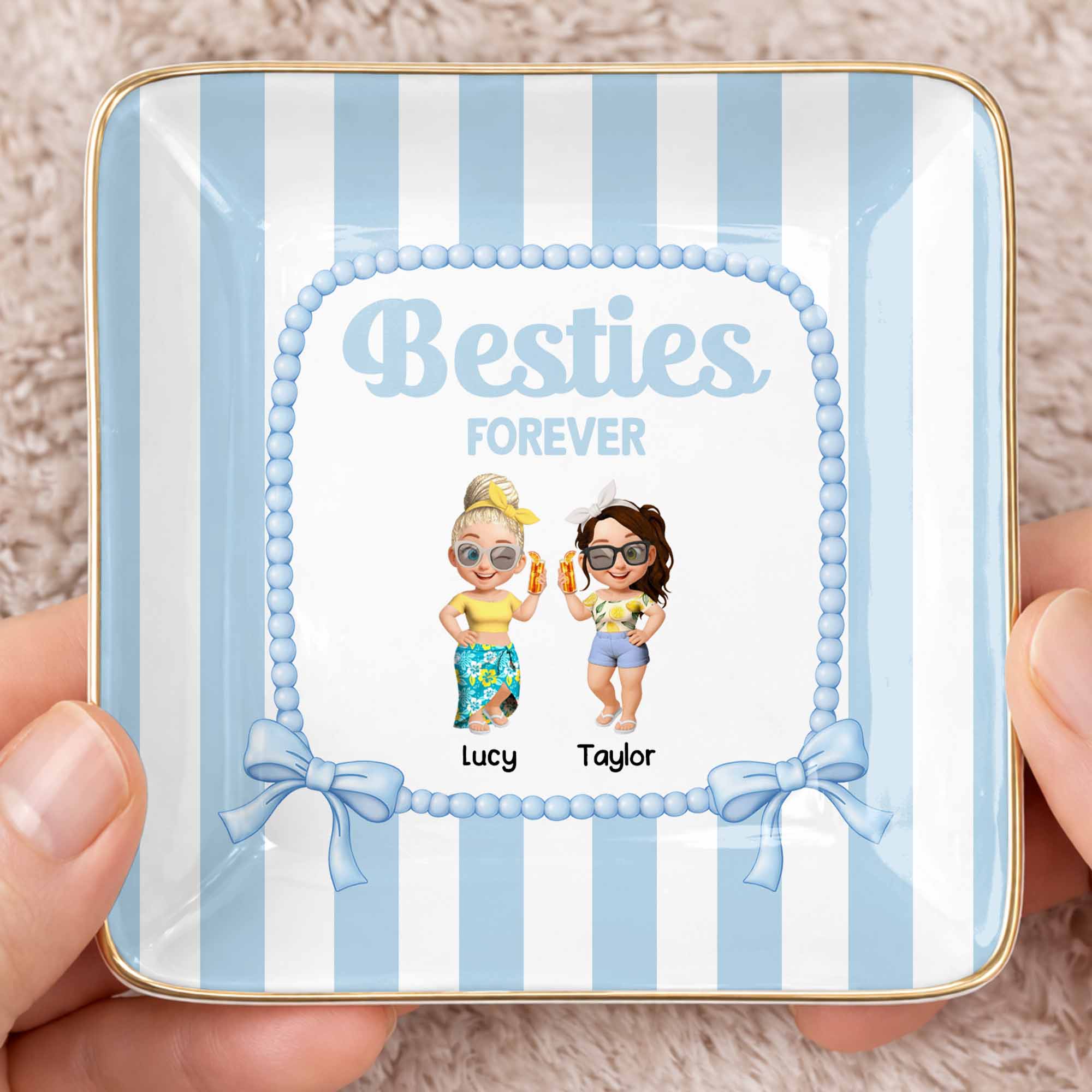 Besties Forever Cartoon-style Characters Jewelry Dish - Personalized Custom Jewelry Dish, Ceramic Dish, Square Shape - BST502_SCRF
