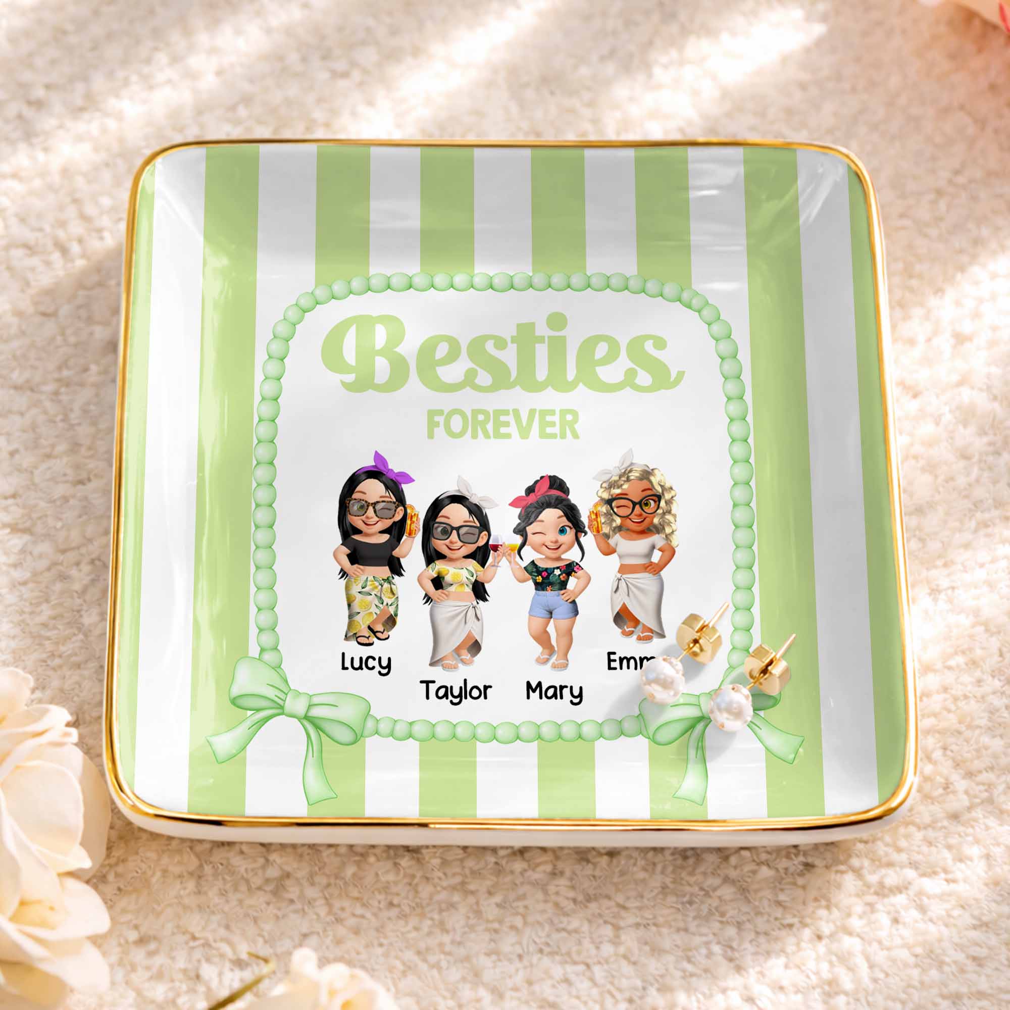 Besties Forever Cartoon-style Characters Jewelry Dish - Personalized Custom Jewelry Dish, Ceramic Dish, Square Shape - BST502_SCRF
